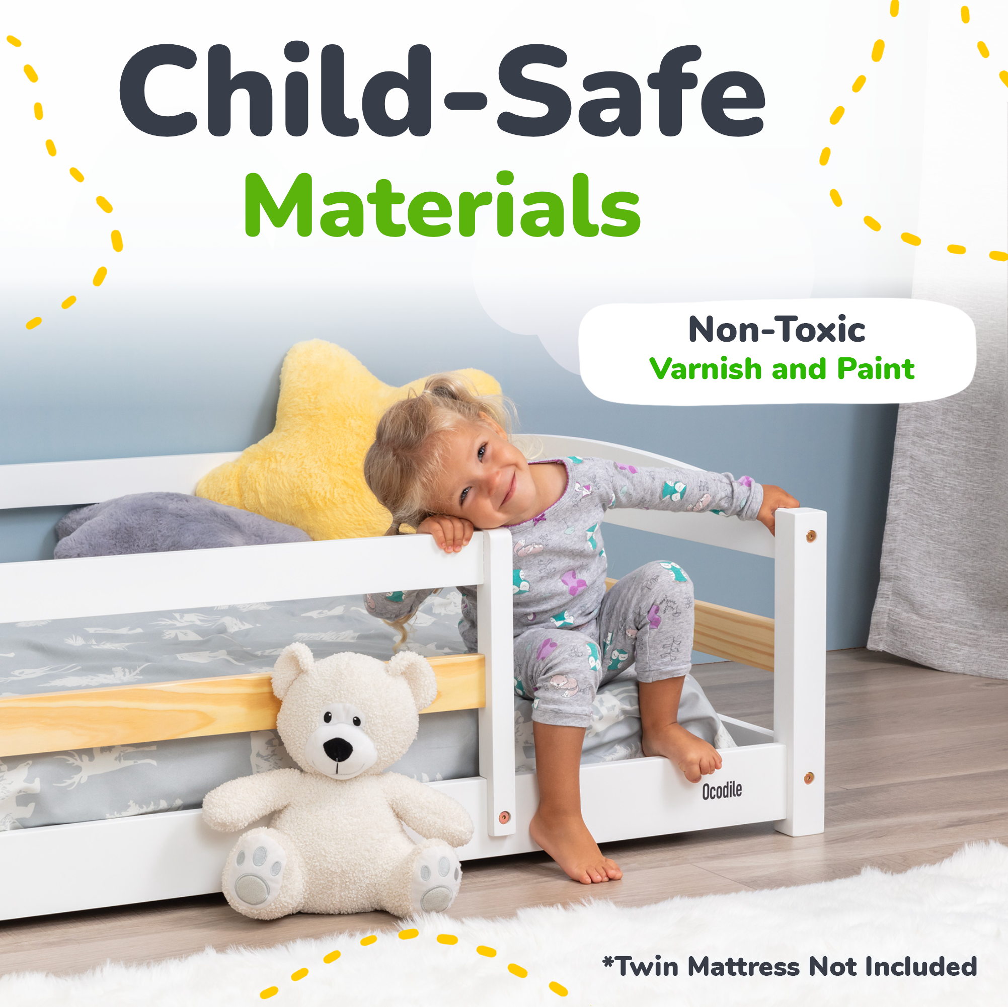 Twin Floor Bed With Safety Guardrails For Kids - Montessori Inspired
