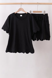 Black Scalloped Women Shorts Set