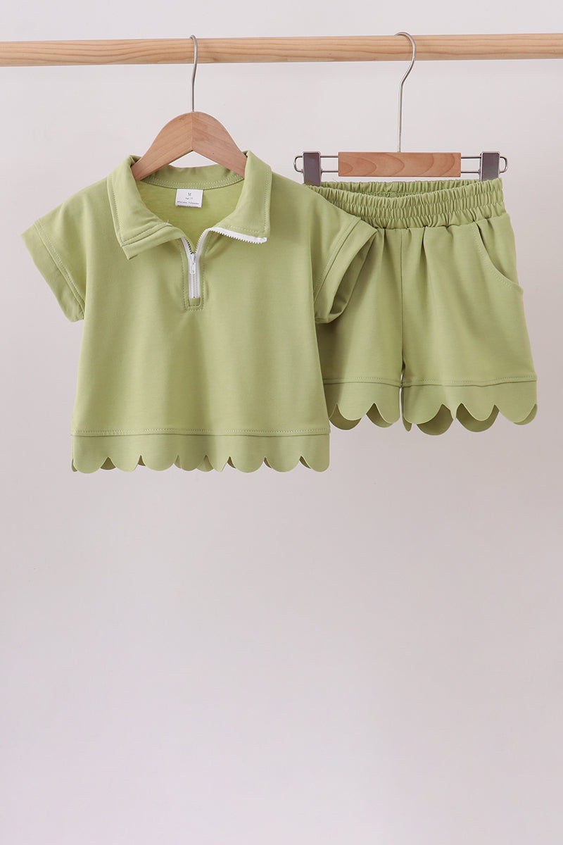 Sage Scalloped Zipper Shorts Set
