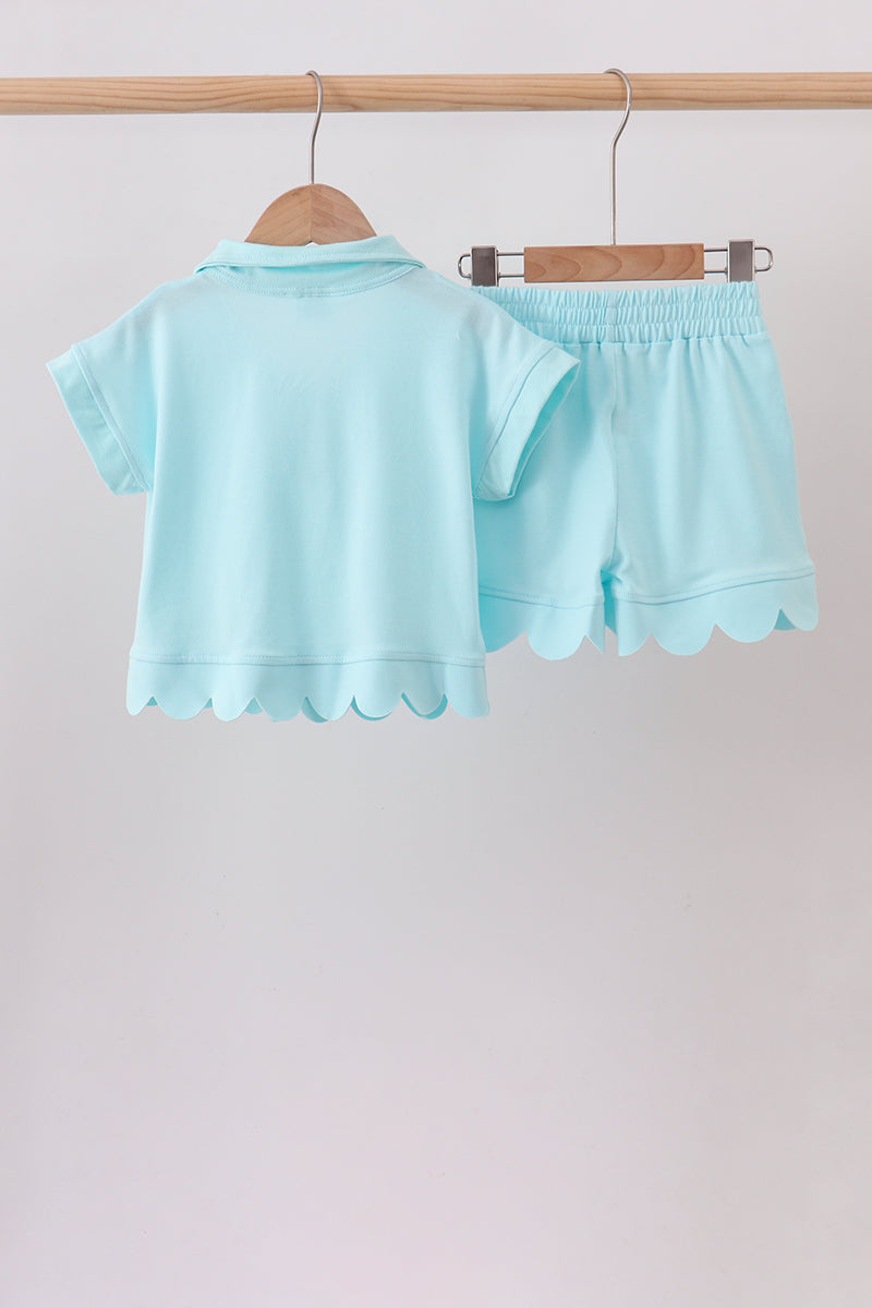 Light Blue Scalloped Zipper Shorts Set