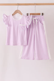 Lavender Polka Dot Pocket Ruffle Pants Set