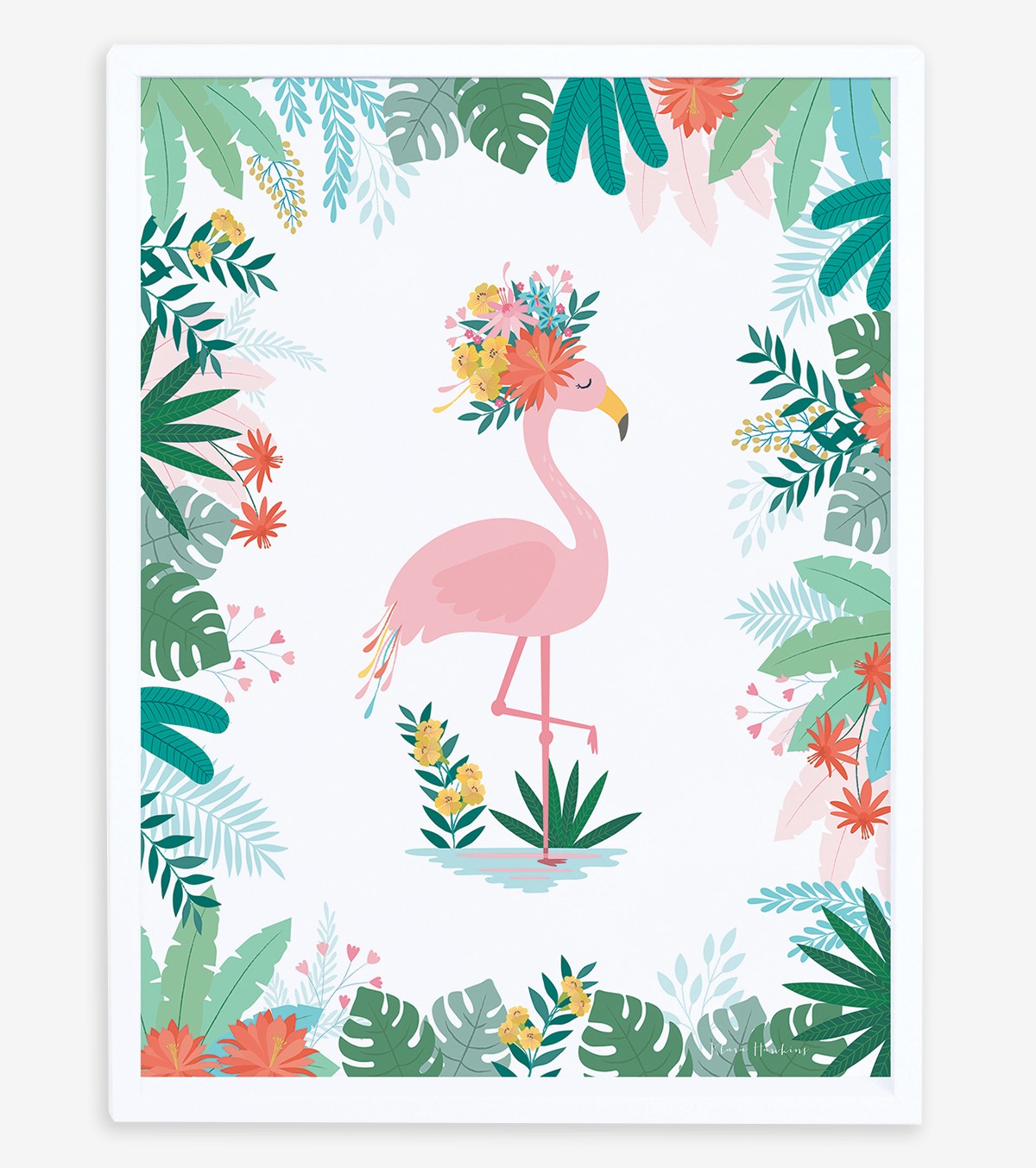 Rio - Children's Poster - Pink Flamingo And Leaves
