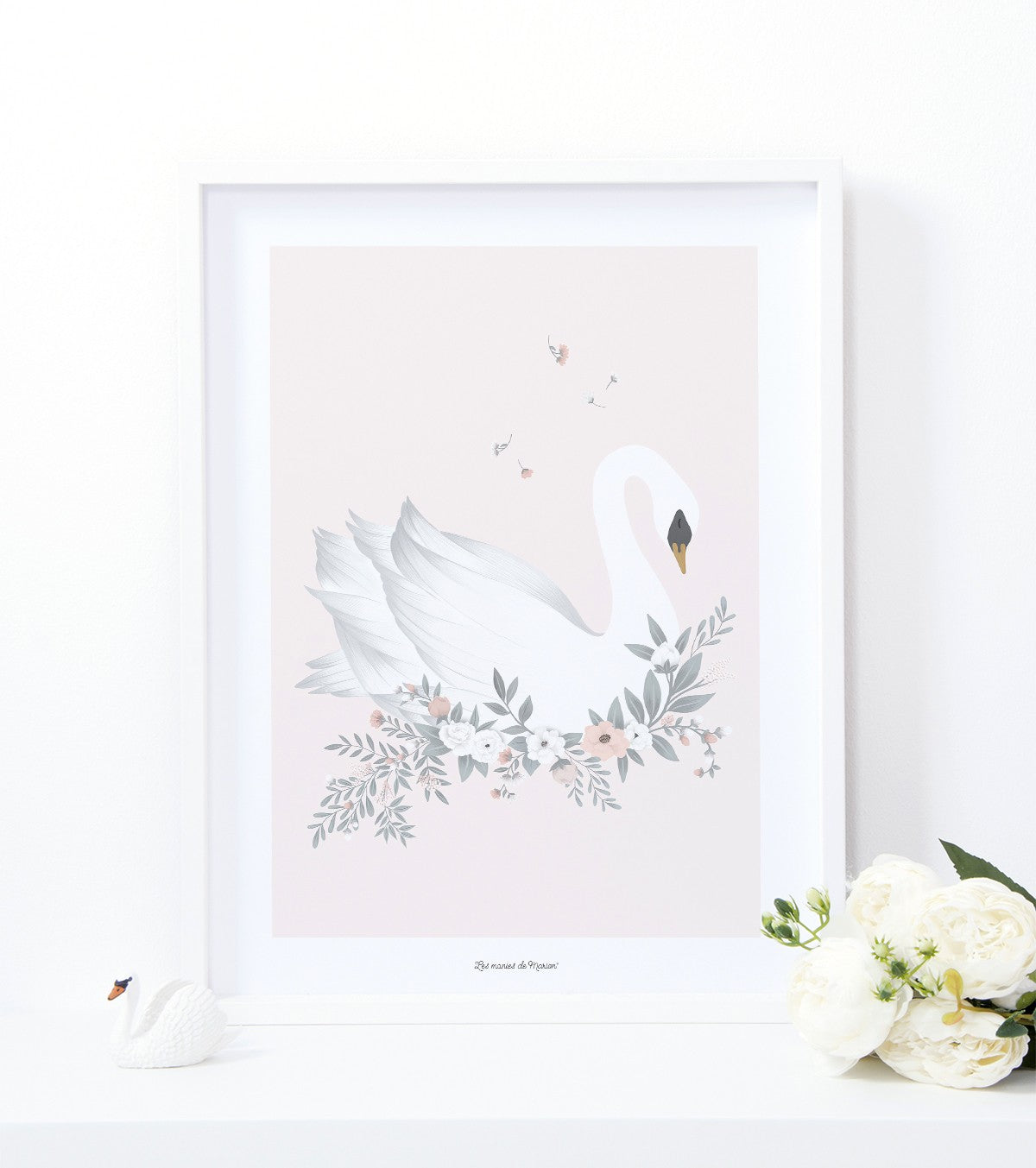 Grace - Children's Poster - Swan And Flowers (pink Background)