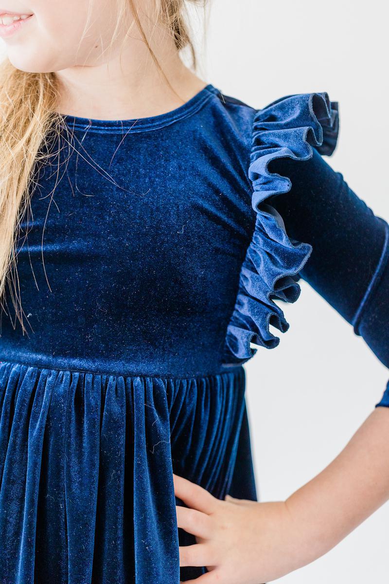 Navy Velvet Ruffle Twirl Dress