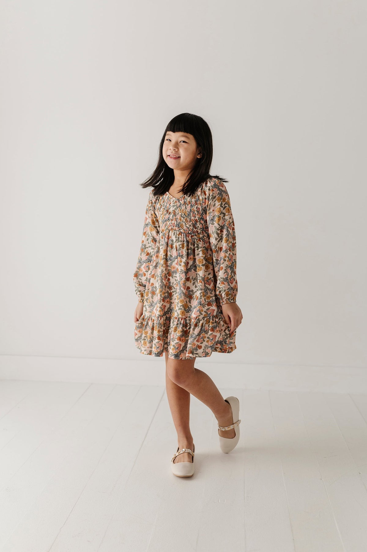 Girls Mitered Smocked Front Babydoll Dress In Mason Small Floral