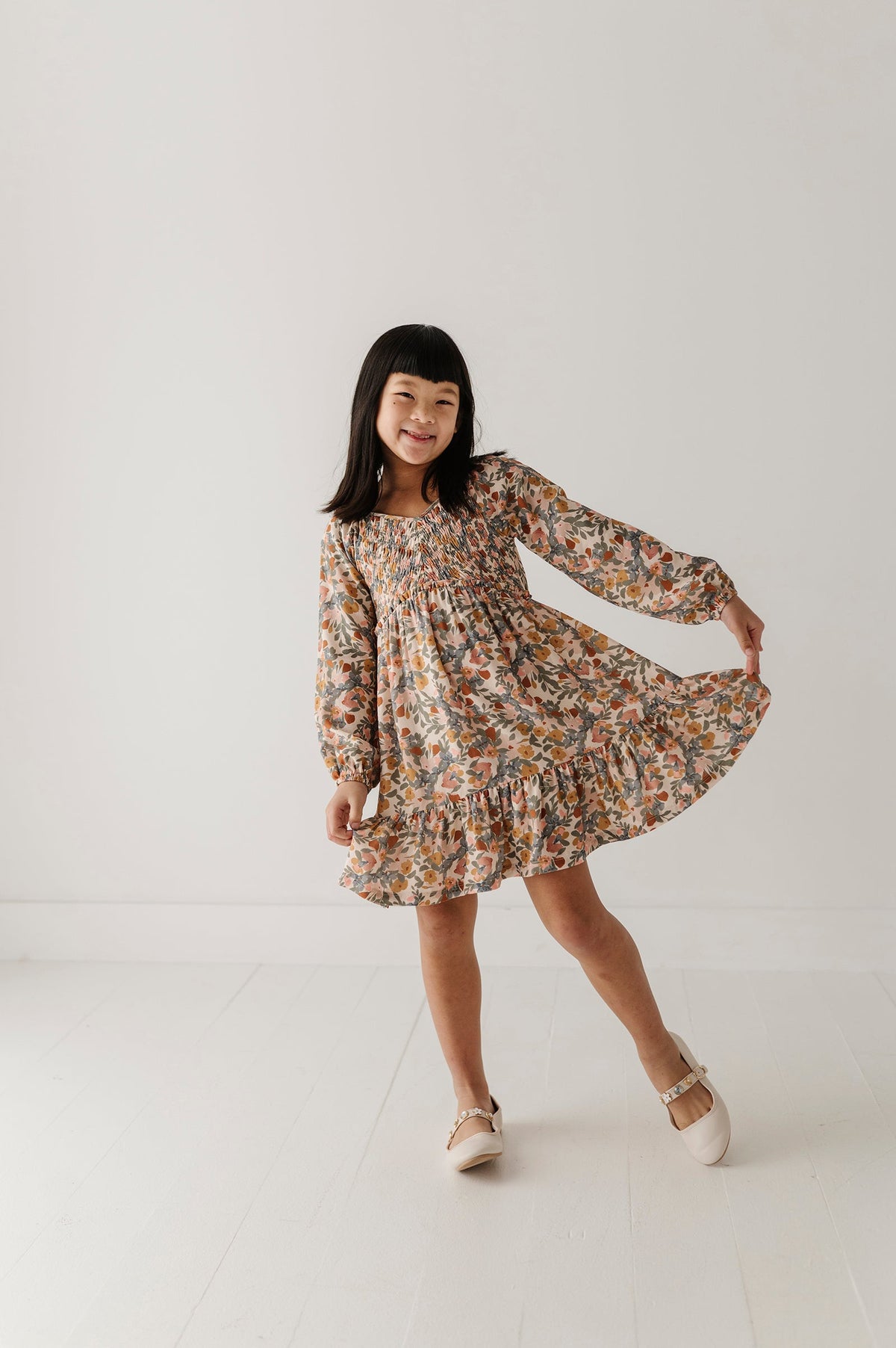 Girls Mitered Smocked Front Babydoll Dress In Mason Small Floral