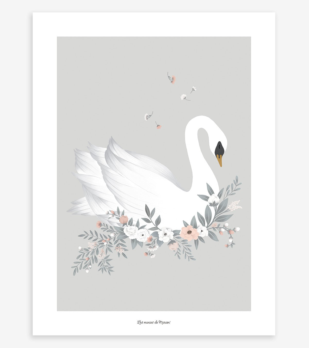 Grace - Children's Poster - Swan And Flowers (grey Background)