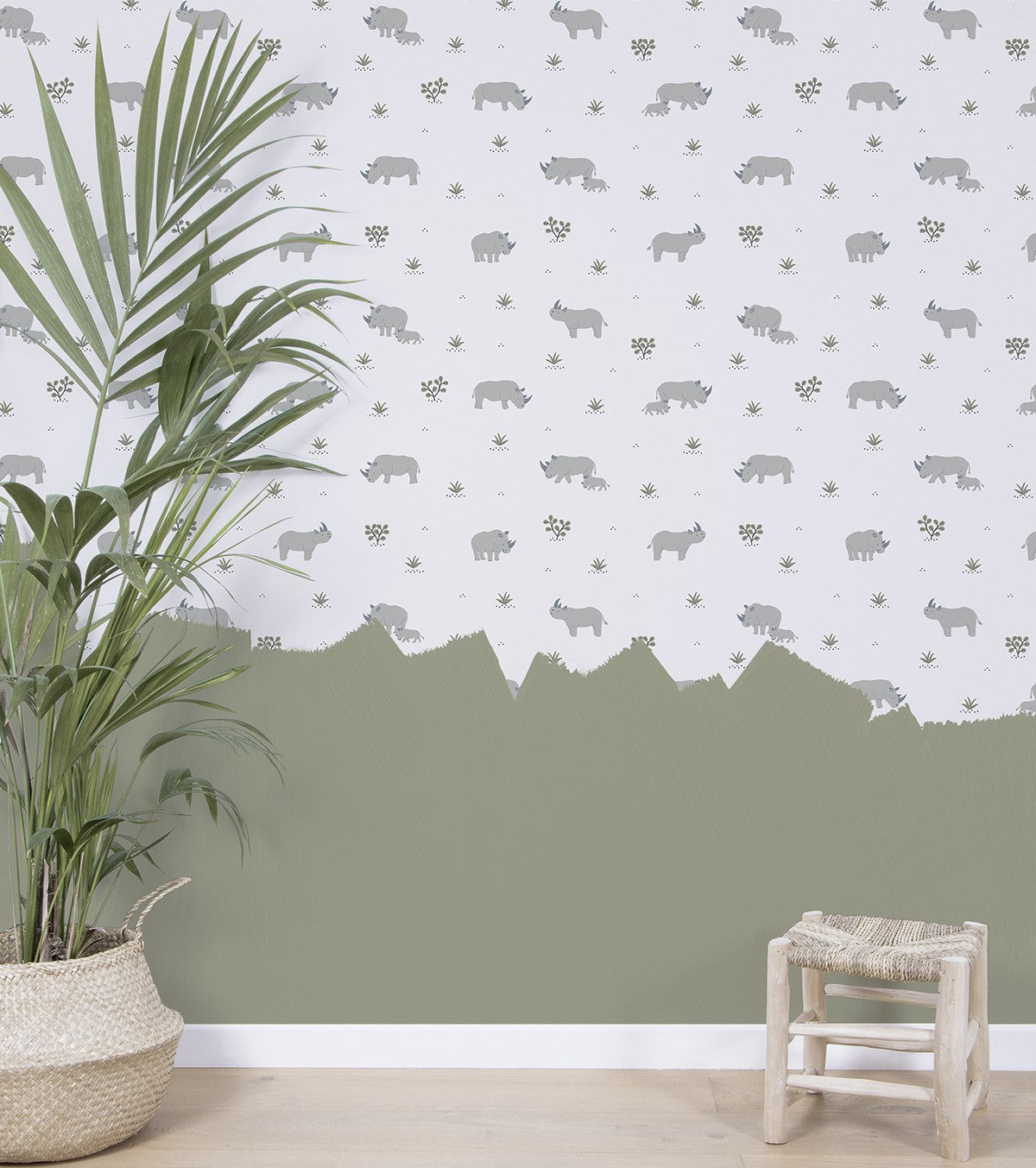 Tanzania - Children's Wallpaper - Rhinoceros Motif Grey Background
