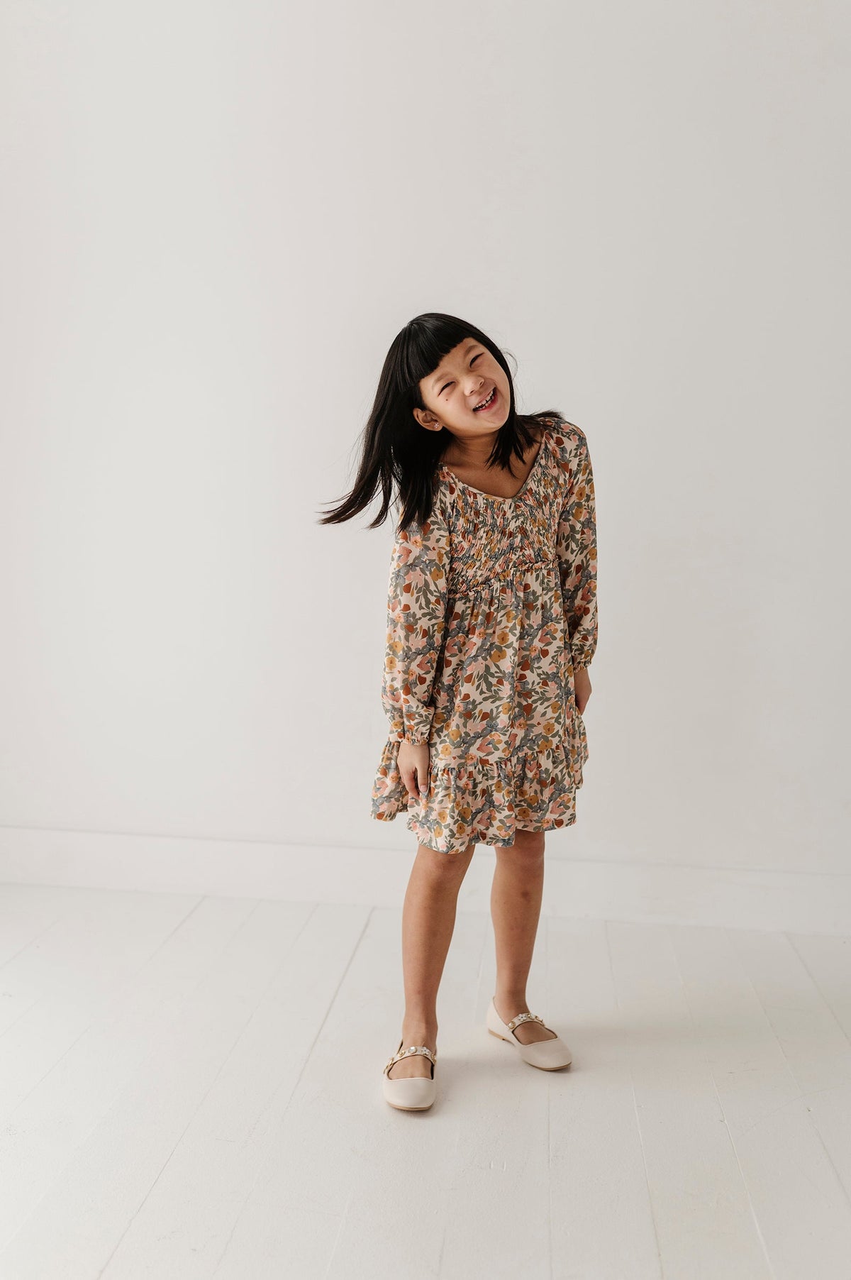 Girls Mitered Smocked Front Babydoll Dress In Mason Small Floral