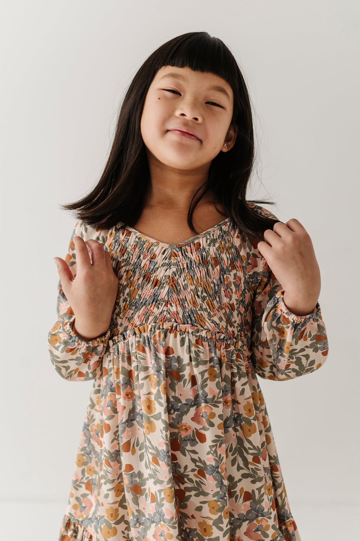 Girls Mitered Smocked Front Babydoll Dress In Mason Small Floral