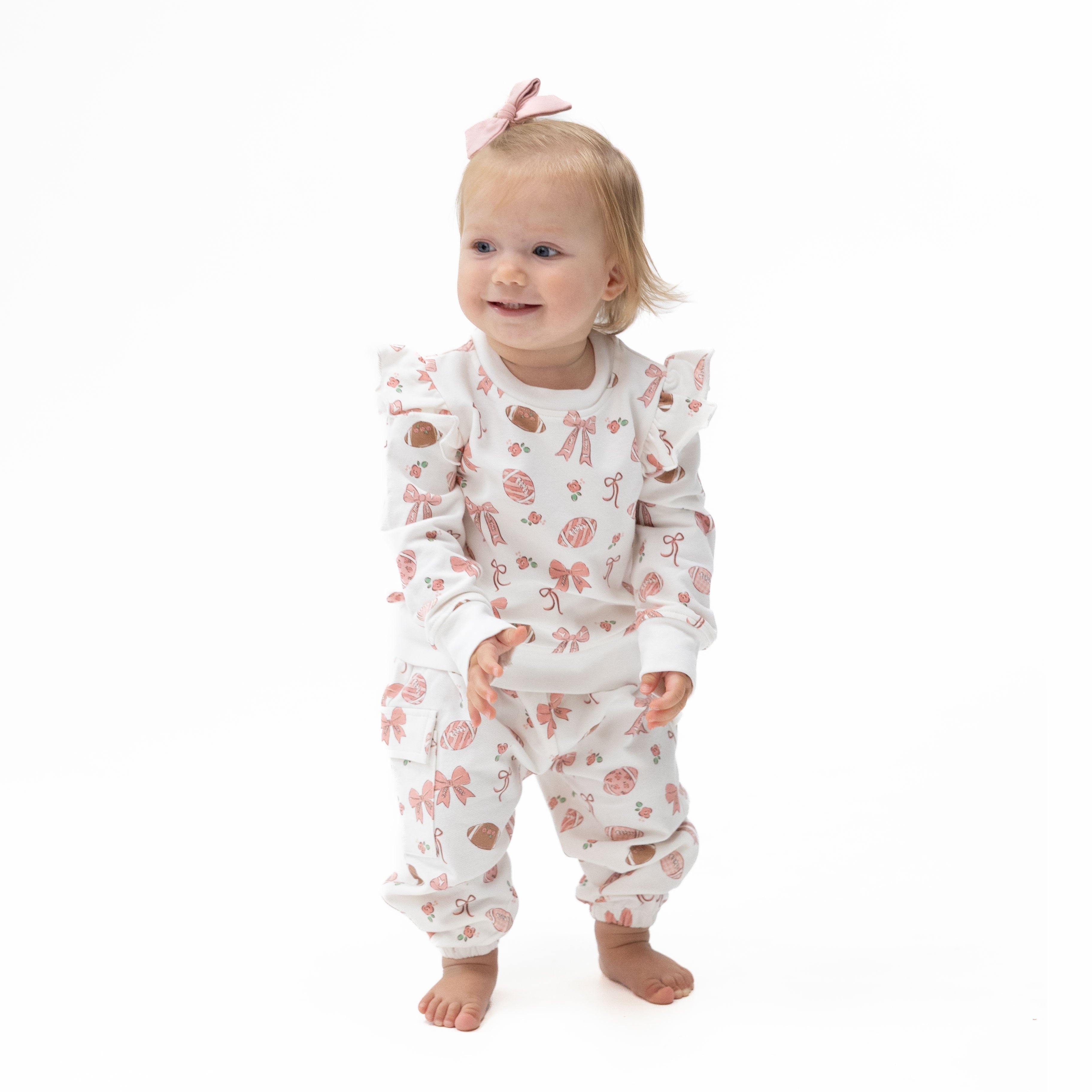 Footballs And Bows - Ruffle Sweatshirt And Fashion Cargo Pants