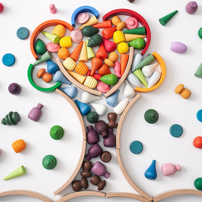 new 252 Pcs Mandala Loose Parts With Mini Rainbow And Mini Natural Wooden Building Blocks Play Set