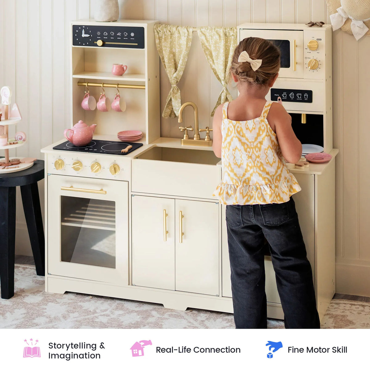 Tiny Land® Iconic Wooden Play Kitchen – Cream Pretend Cooking Set For Kids