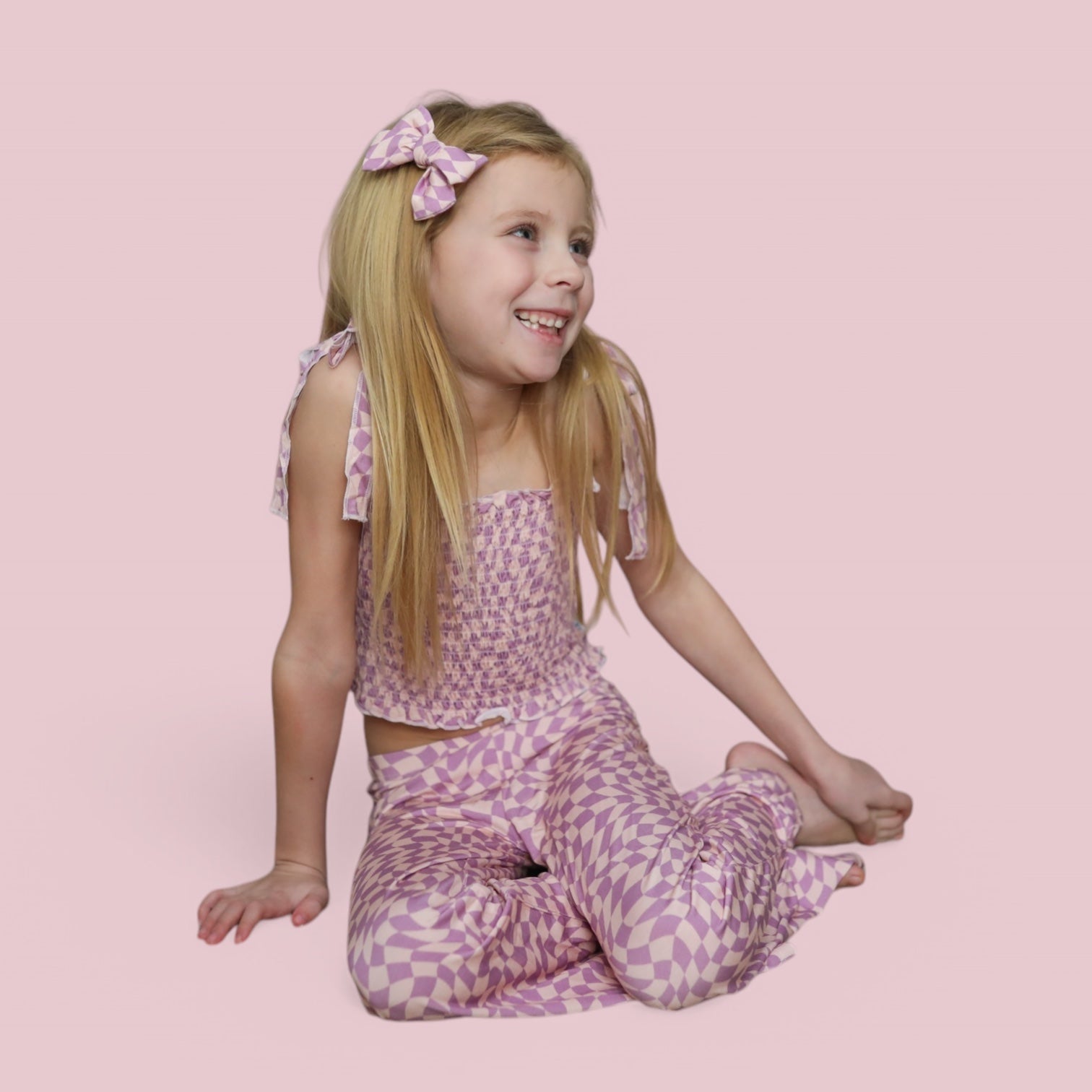 Plum Wavy Checkers Dream Smocked Flare Set