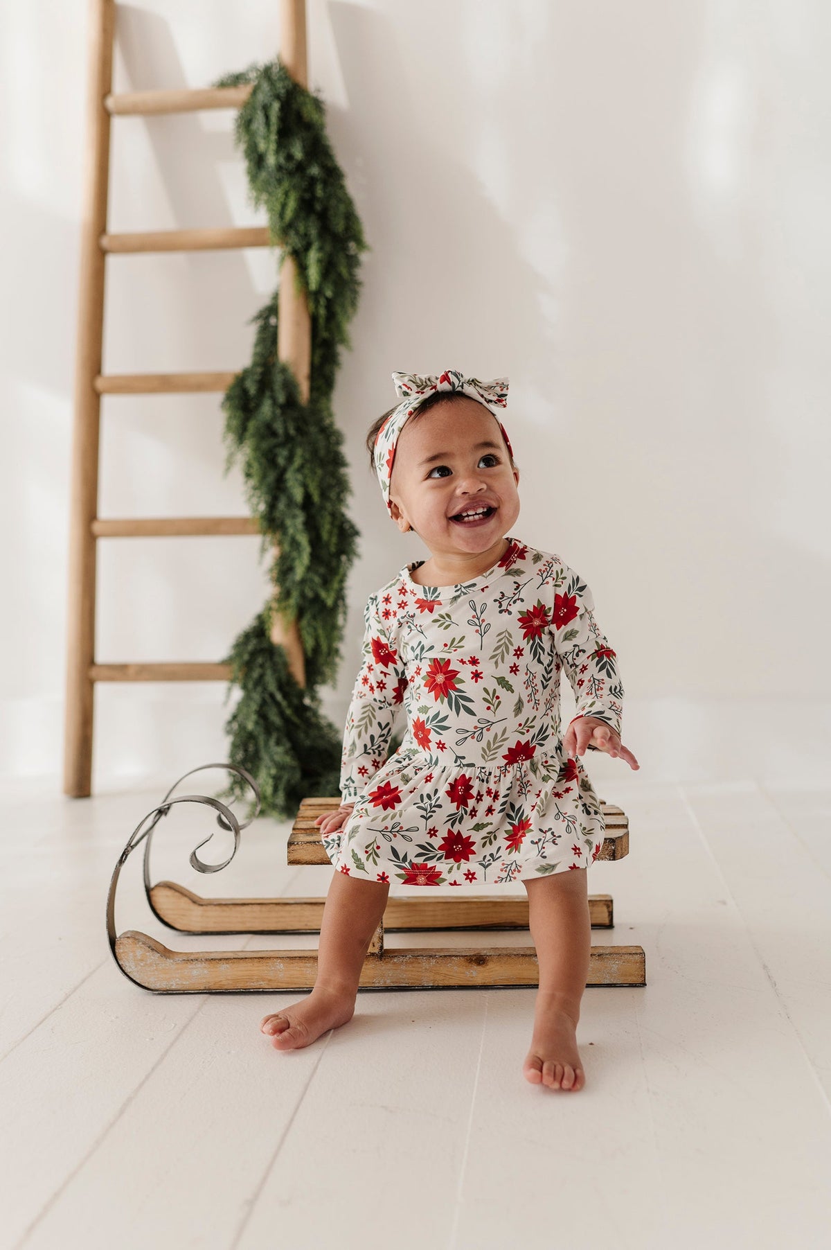 Baby Girl Long Sleeve Bodysuit Dress Set In Poinsettia