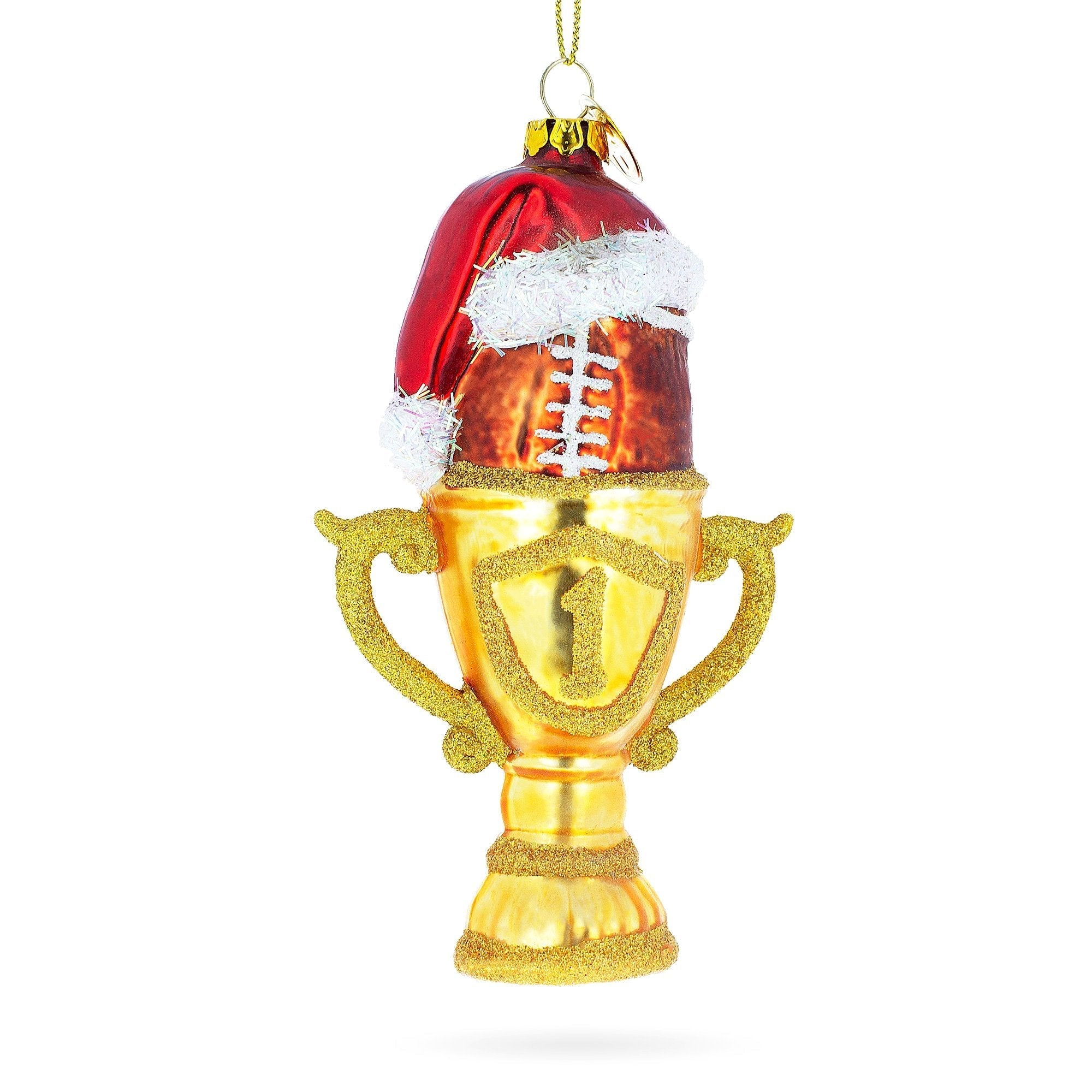 Champion Football Trophy In Santa Hat - Blown Glass Christmas Ornament