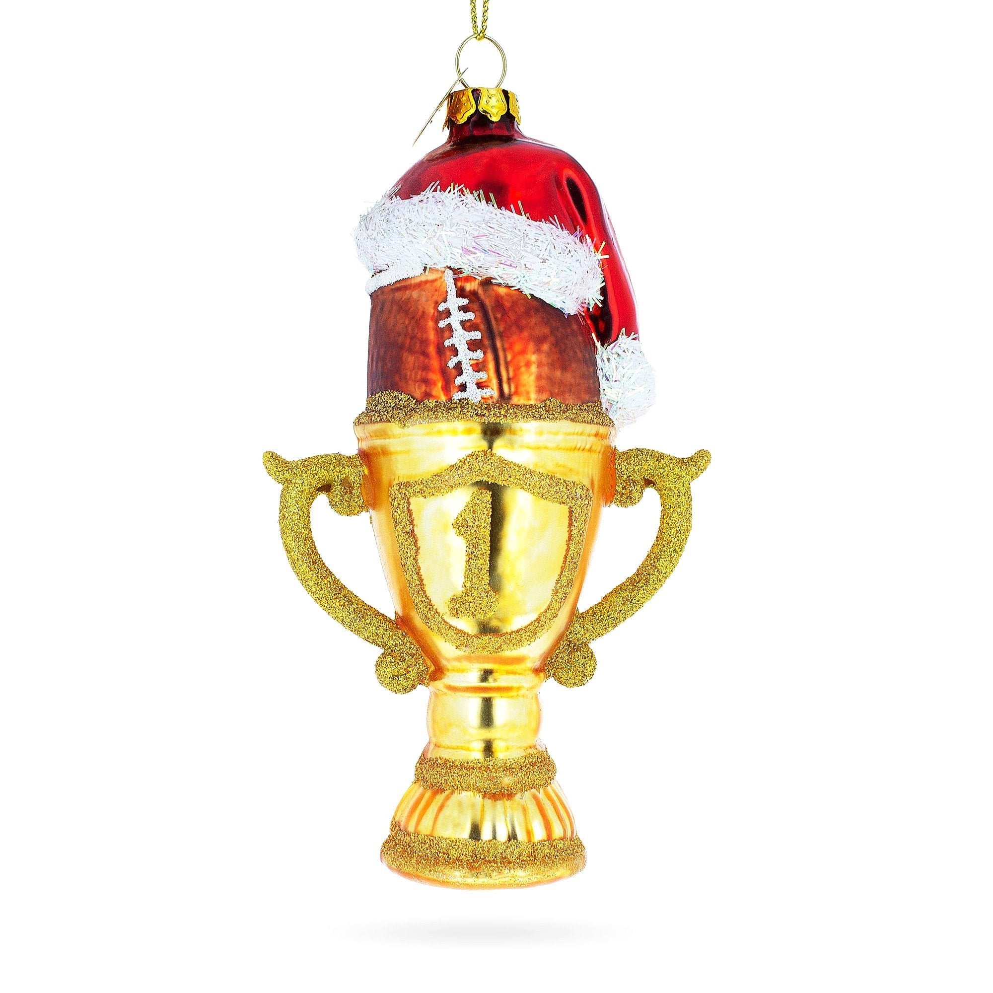 Champion Football Trophy In Santa Hat - Blown Glass Christmas Ornament