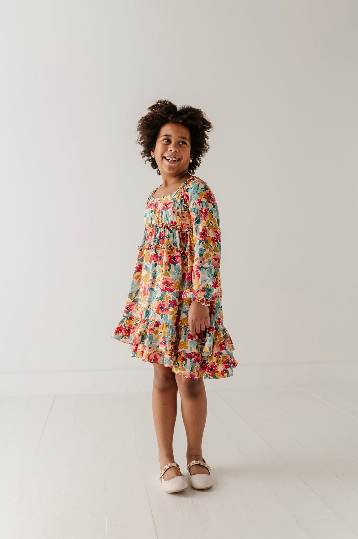 Girls Peasant Shirred Waist Dress In Cooper Painterly Floral