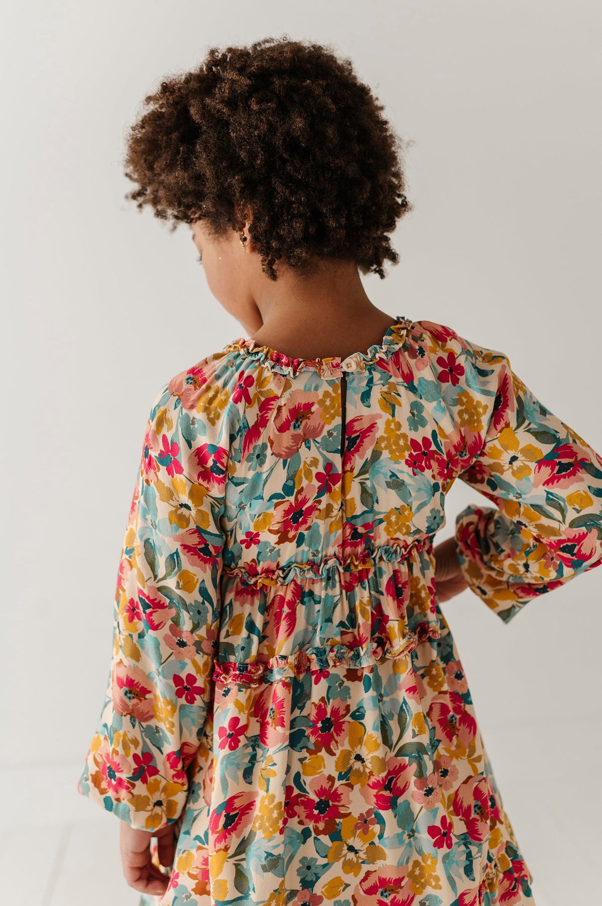 Girls Peasant Shirred Waist Dress In Cooper Painterly Floral