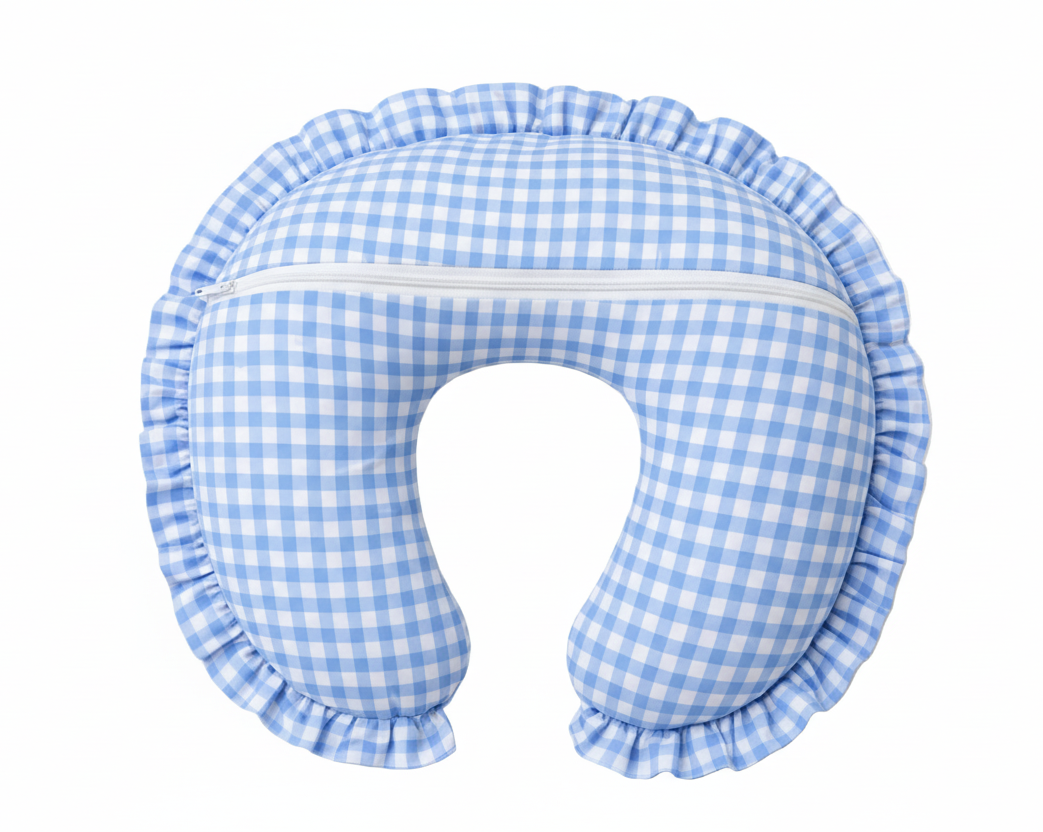 Sky Blue Gingham Ruffle Nursing Pillow Cover
