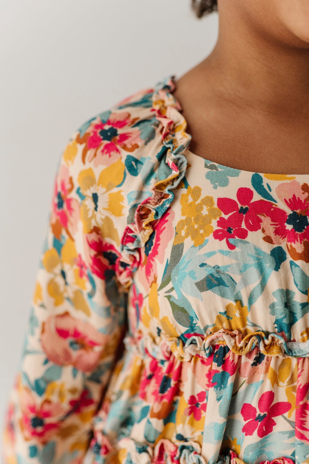 Girls Peasant Shirred Waist Dress In Cooper Painterly Floral