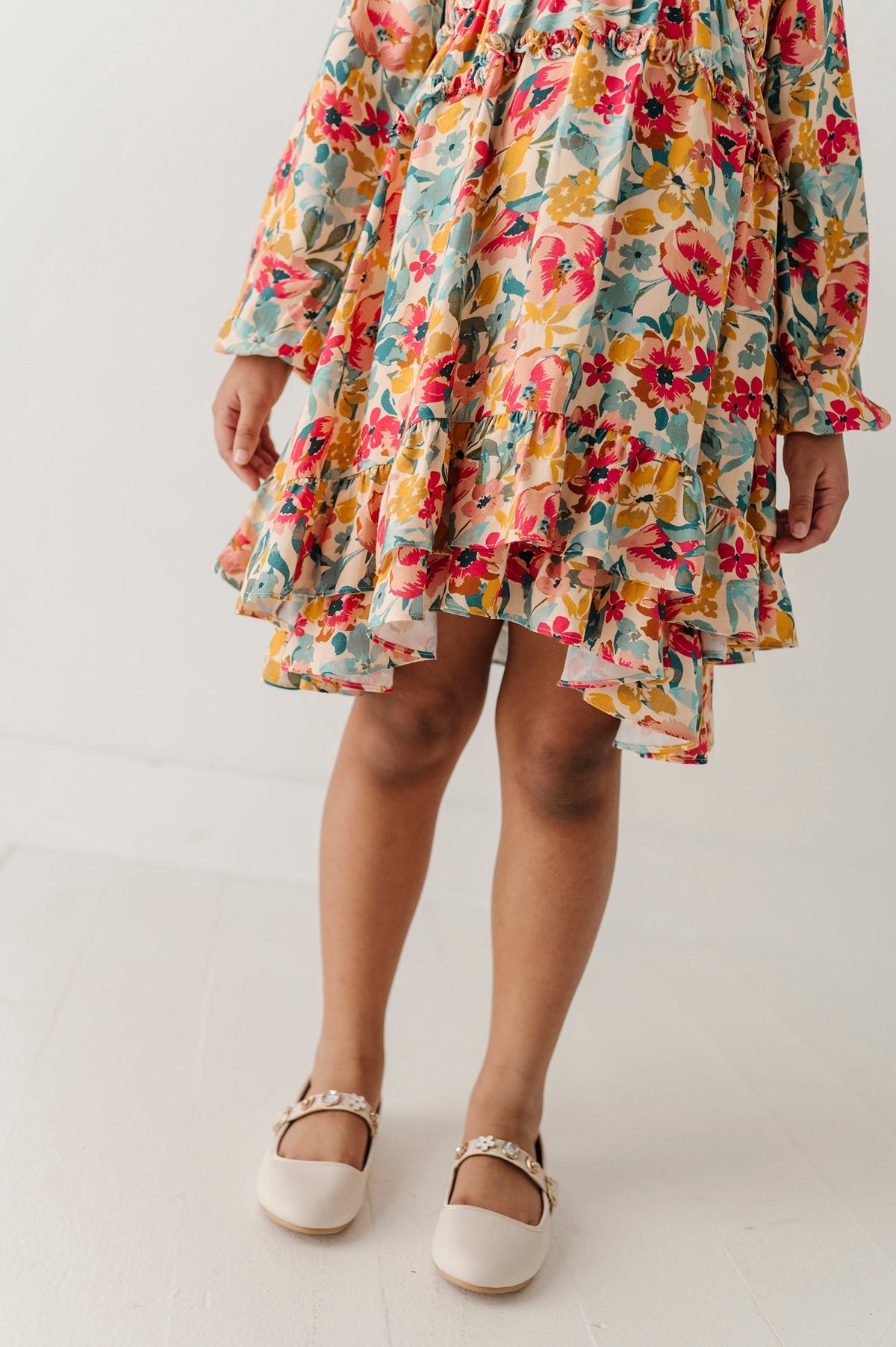Girls Peasant Shirred Waist Dress In Cooper Painterly Floral