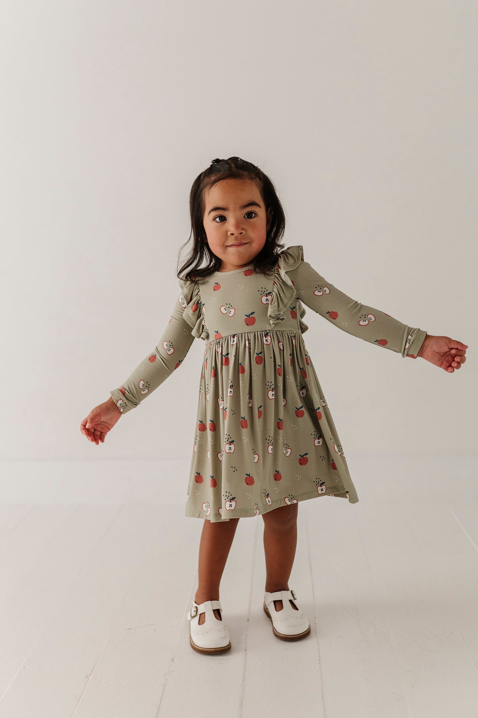 Girls Long Sleeve Ruffle Dress In Apple