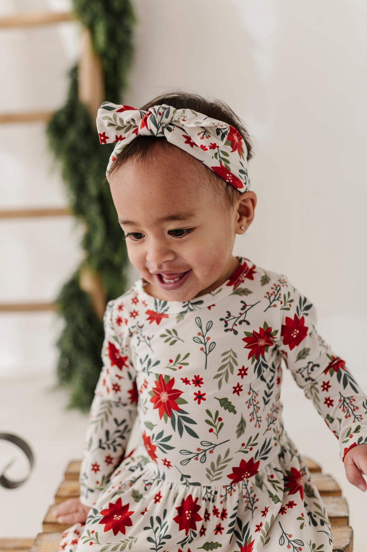 Baby Girl Long Sleeve Bodysuit Dress Set In Poinsettia