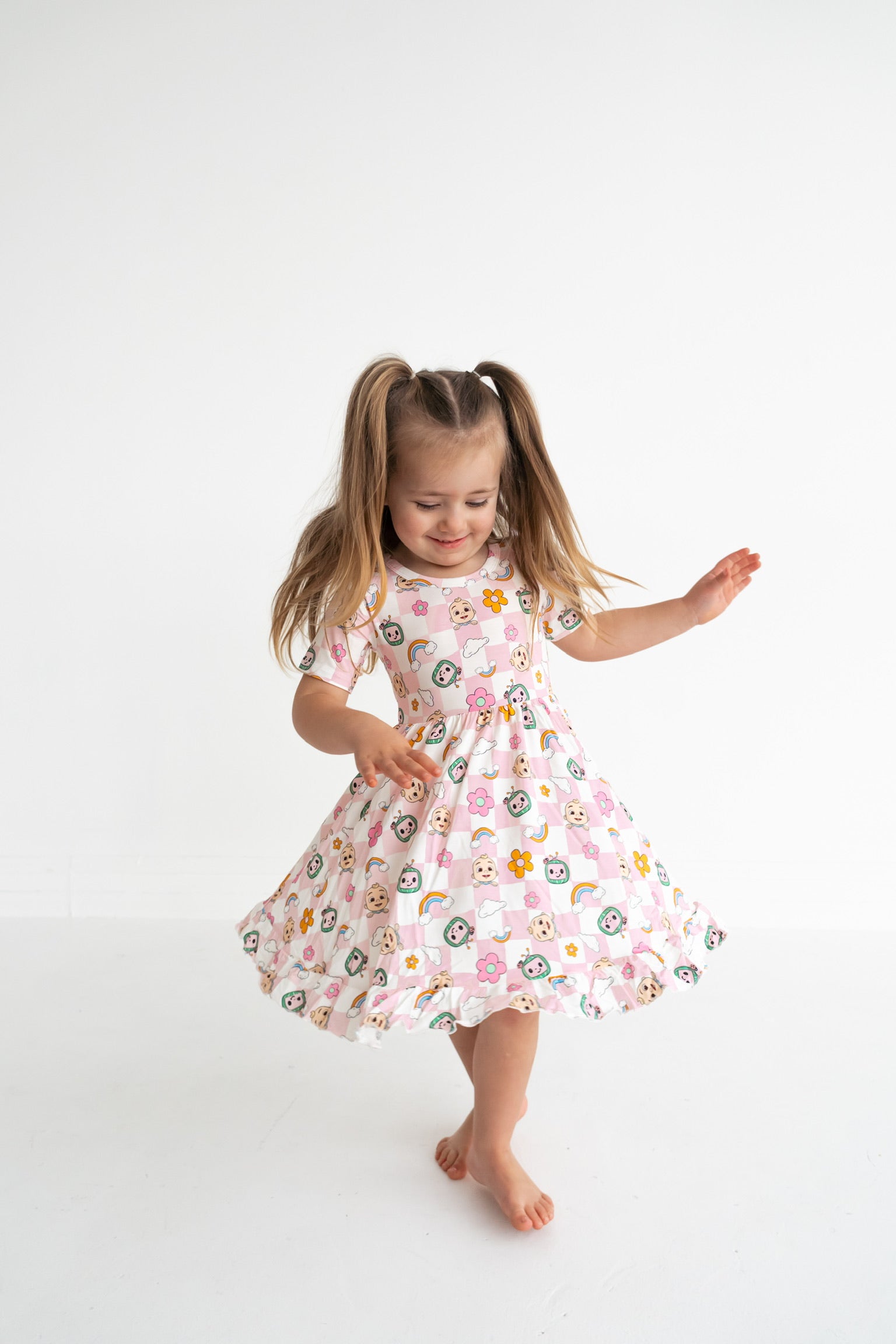 Dream Big Little Co X Cocomelon Jj Rainbow Checkers Short Sleeve Dream Ruffle Dress