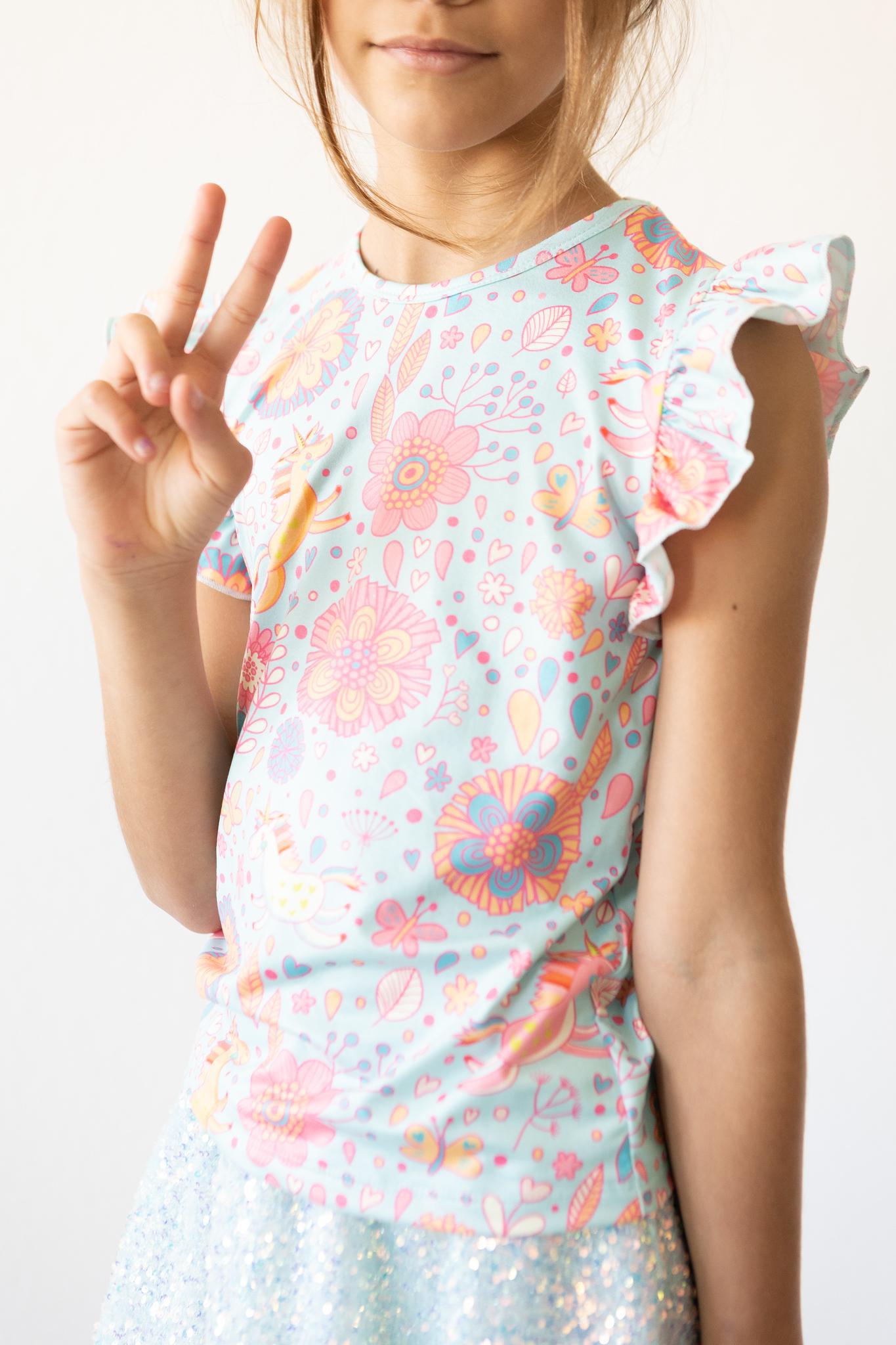 Blue Retro Unicorns S/s Ruffle Tee