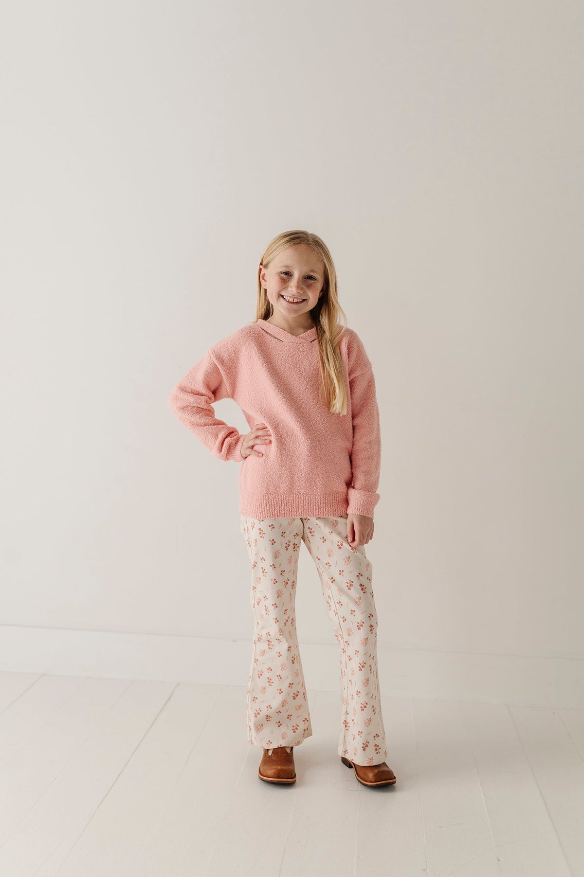 Girls Fuzzy Knit Sweater In Petal Pink