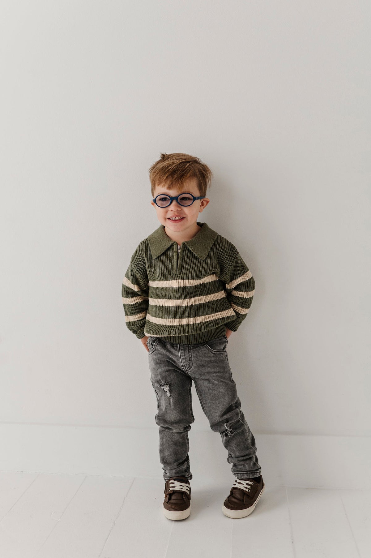 Boys Striped Zip Up Sweater In Woodland Moss Stripe
