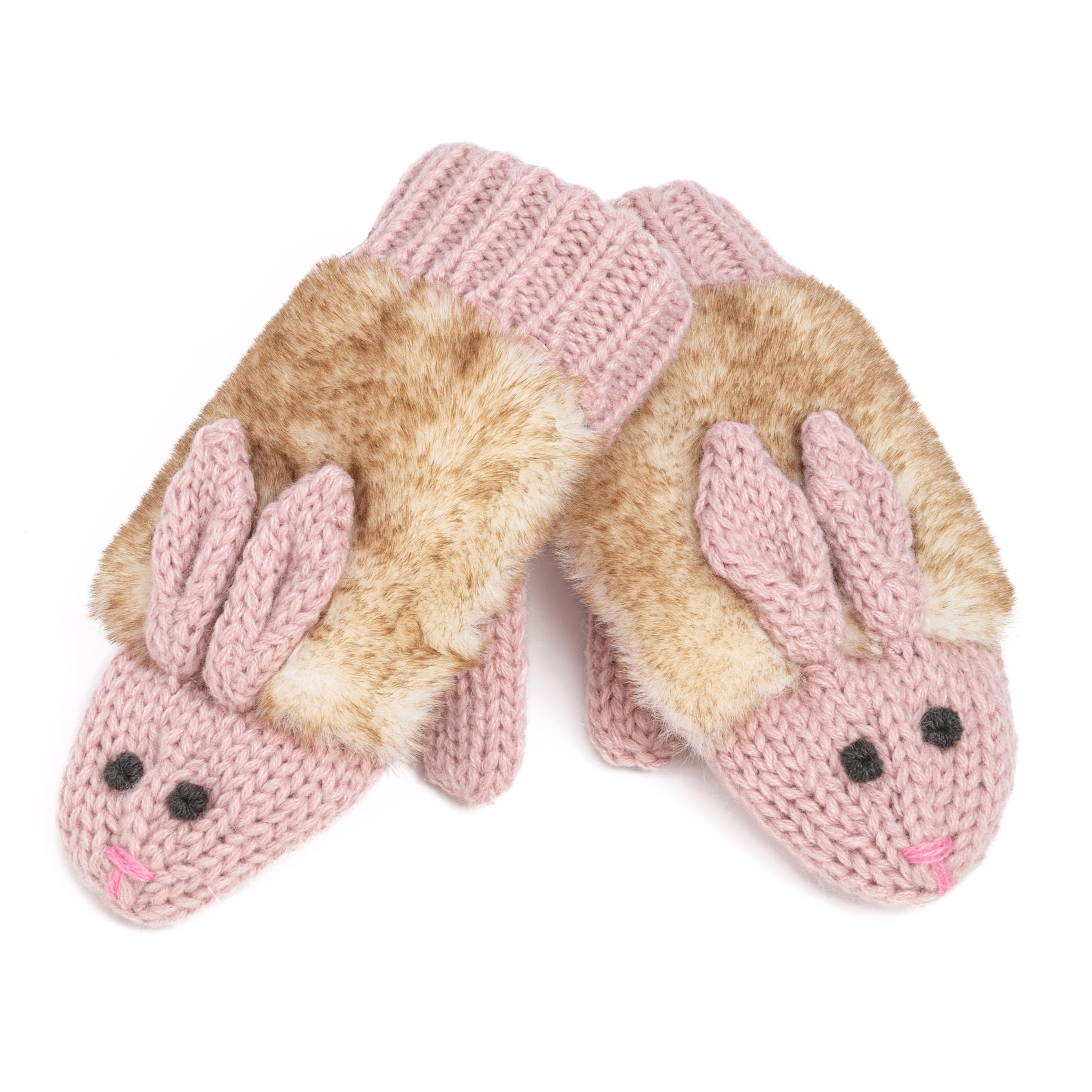 Warm Knit Winter Mittens For Girls Ages 3-12 Years, Double-layered, Fun Bunny Rabbit Design For Children, Toddler To Big Kids