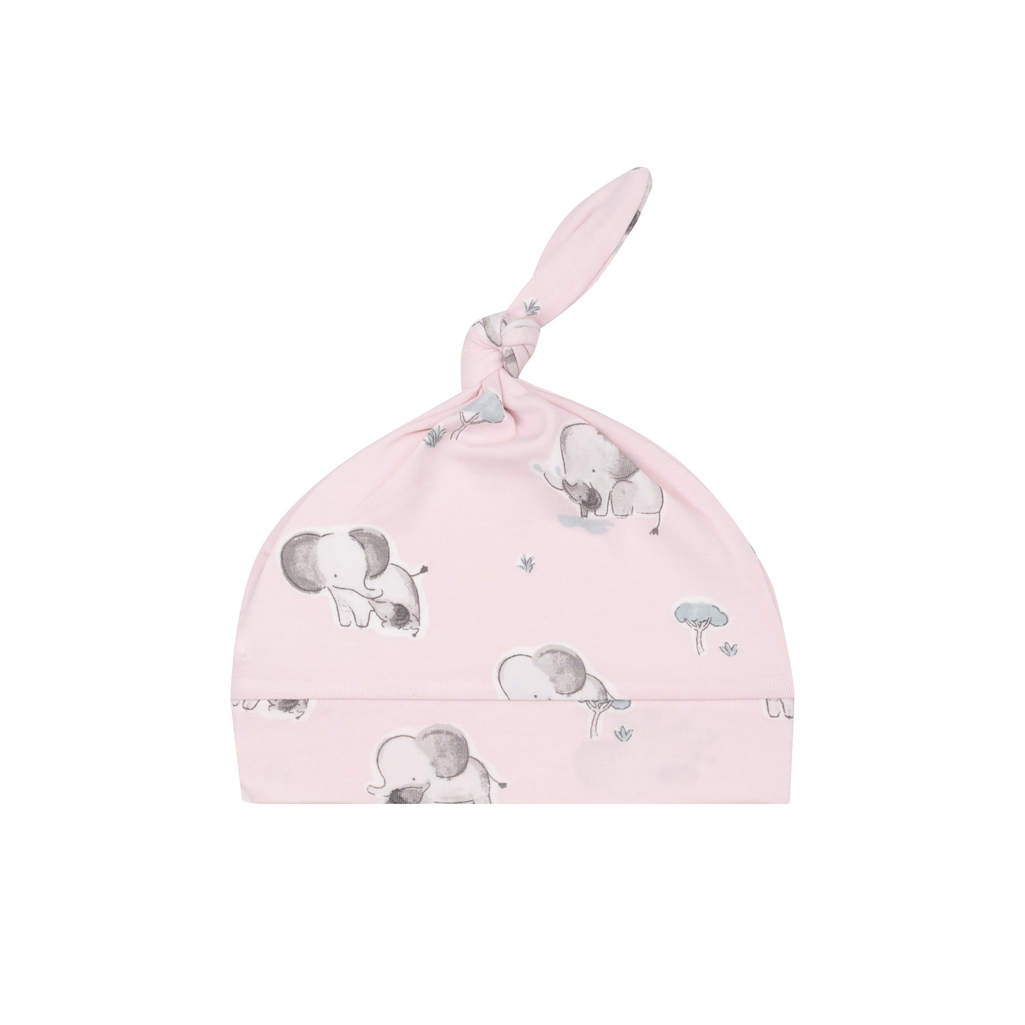 Knotted Hat - Gray Elephants - Pink