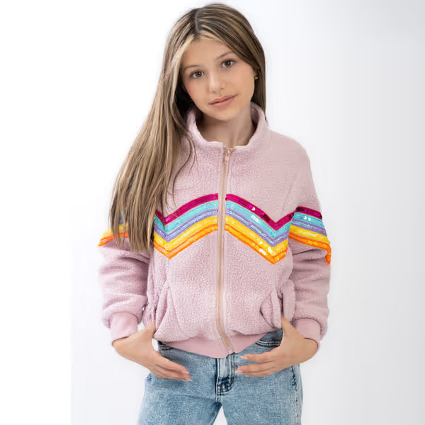 Tweenstyle By Stoopher - Sequin Rainbow Trim On Zip Front Sherpa Jacket