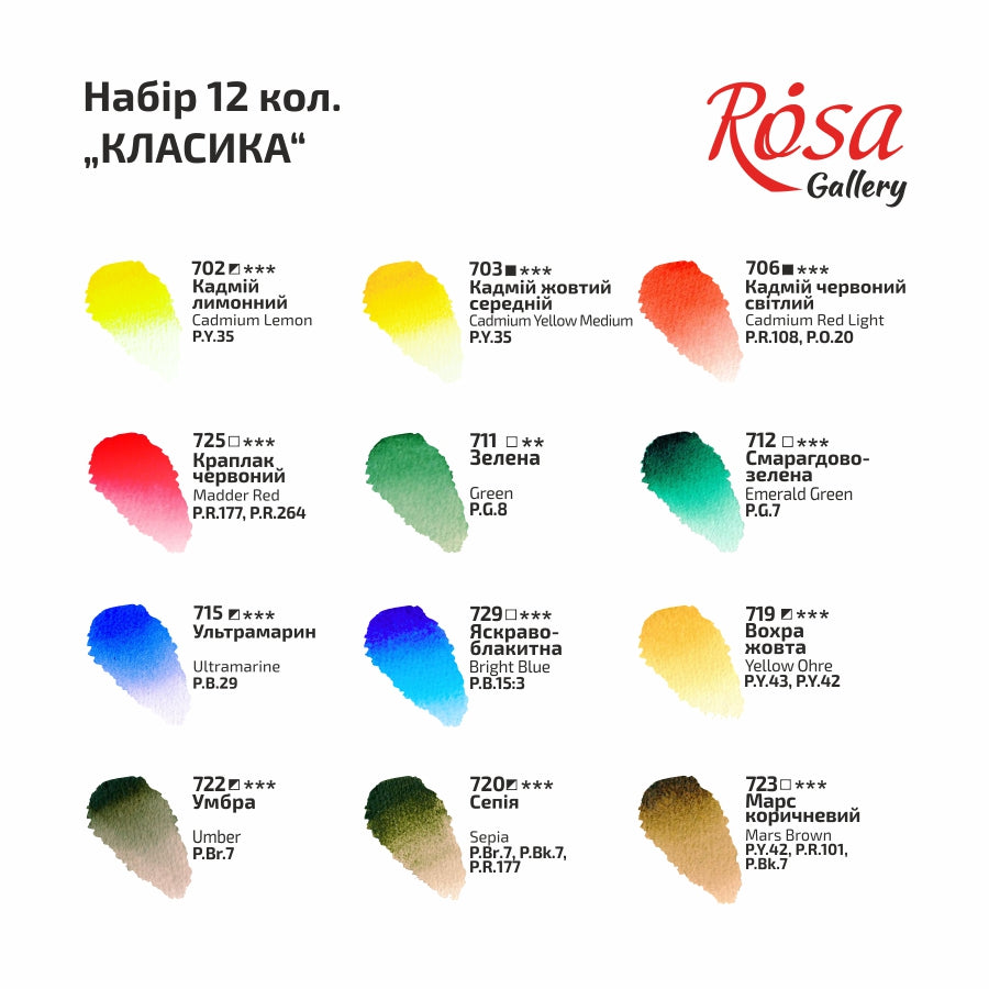 Set Of Watercolor Paints "classic", 12 Colors, Cuvette, Cardboard, Rosa Gallery