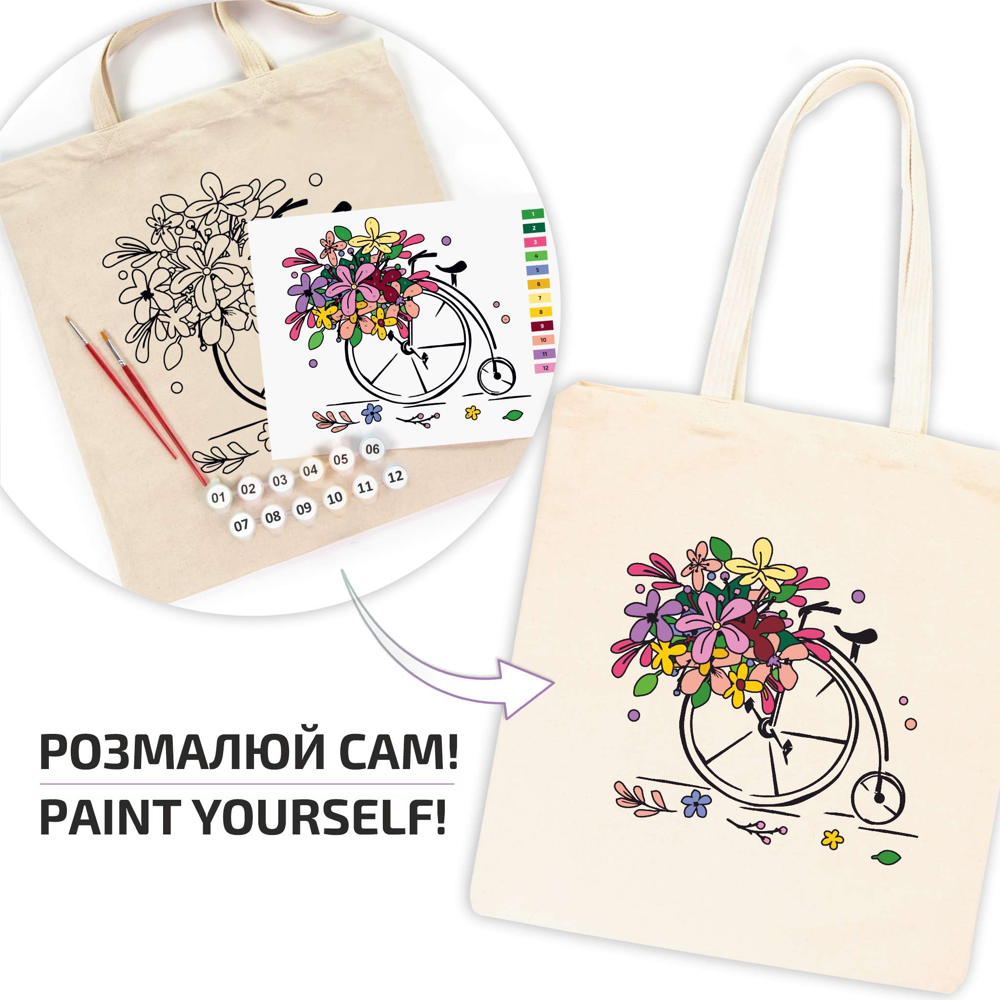 Rosatalent: Eco-friendly Cotton Ecobag Coloring Kit – Flower Bicycle Design (220 Gsm, 38x42 Cm)