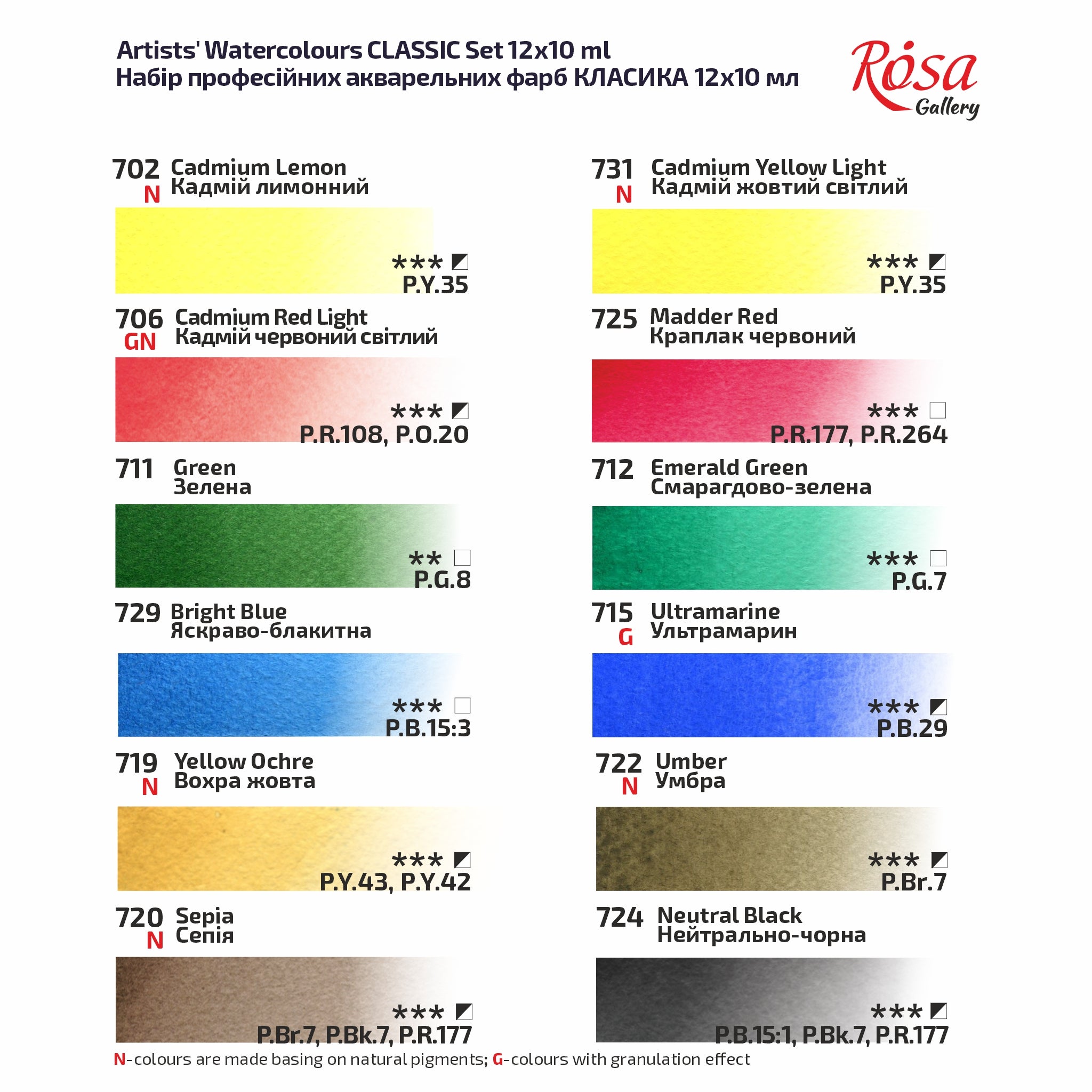 Rosa Gallery Artists' Watercolor Set Classic - 12x10 Ml Tubes | Premium Watercolours In Cardboard Box