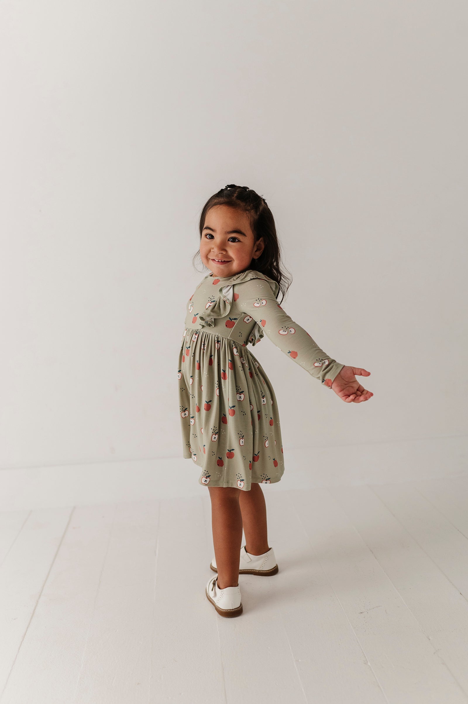 Girls Long Sleeve Ruffle Dress In Apple