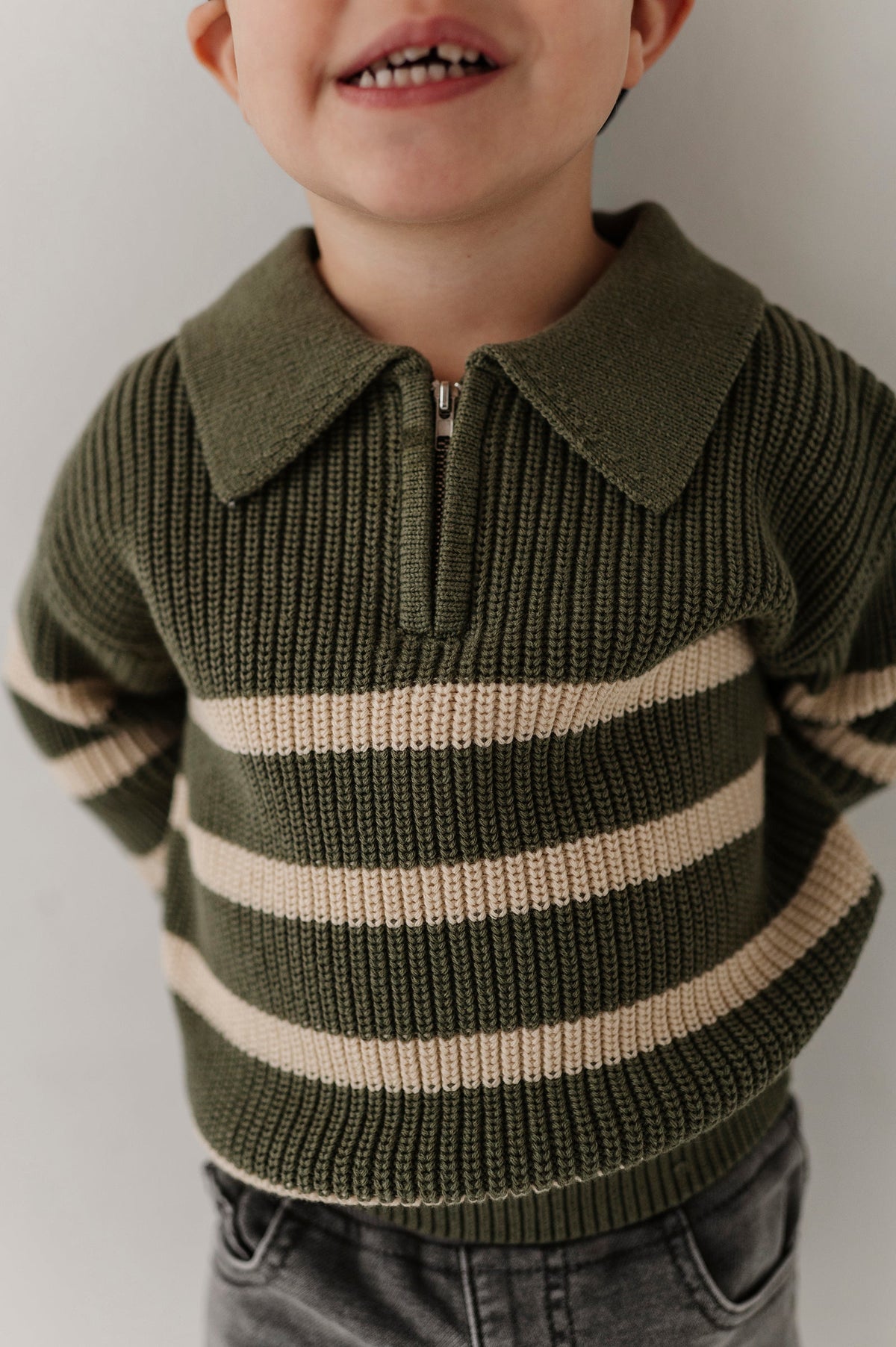 Boys Striped Zip Up Sweater In Woodland Moss Stripe