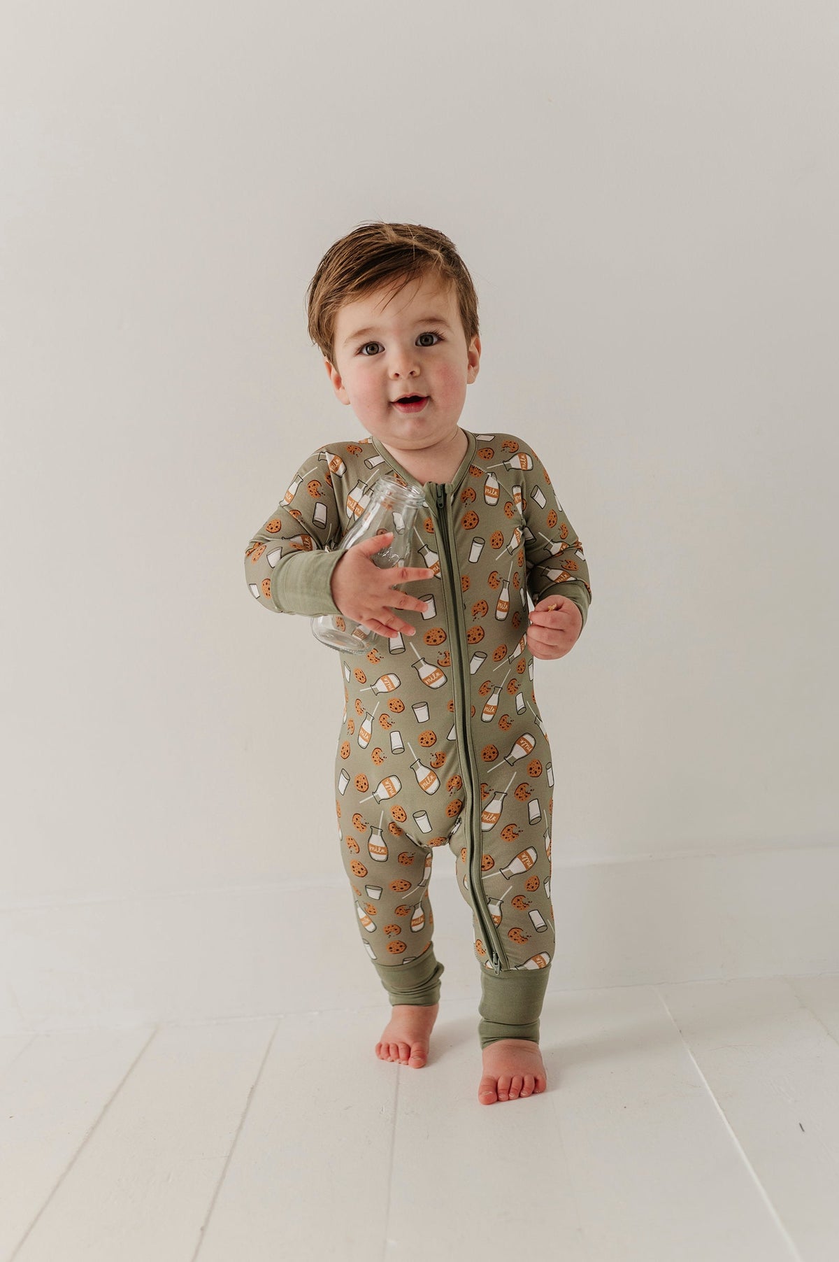 Long Sleeve Zip Romper In Cookies 'n Milk