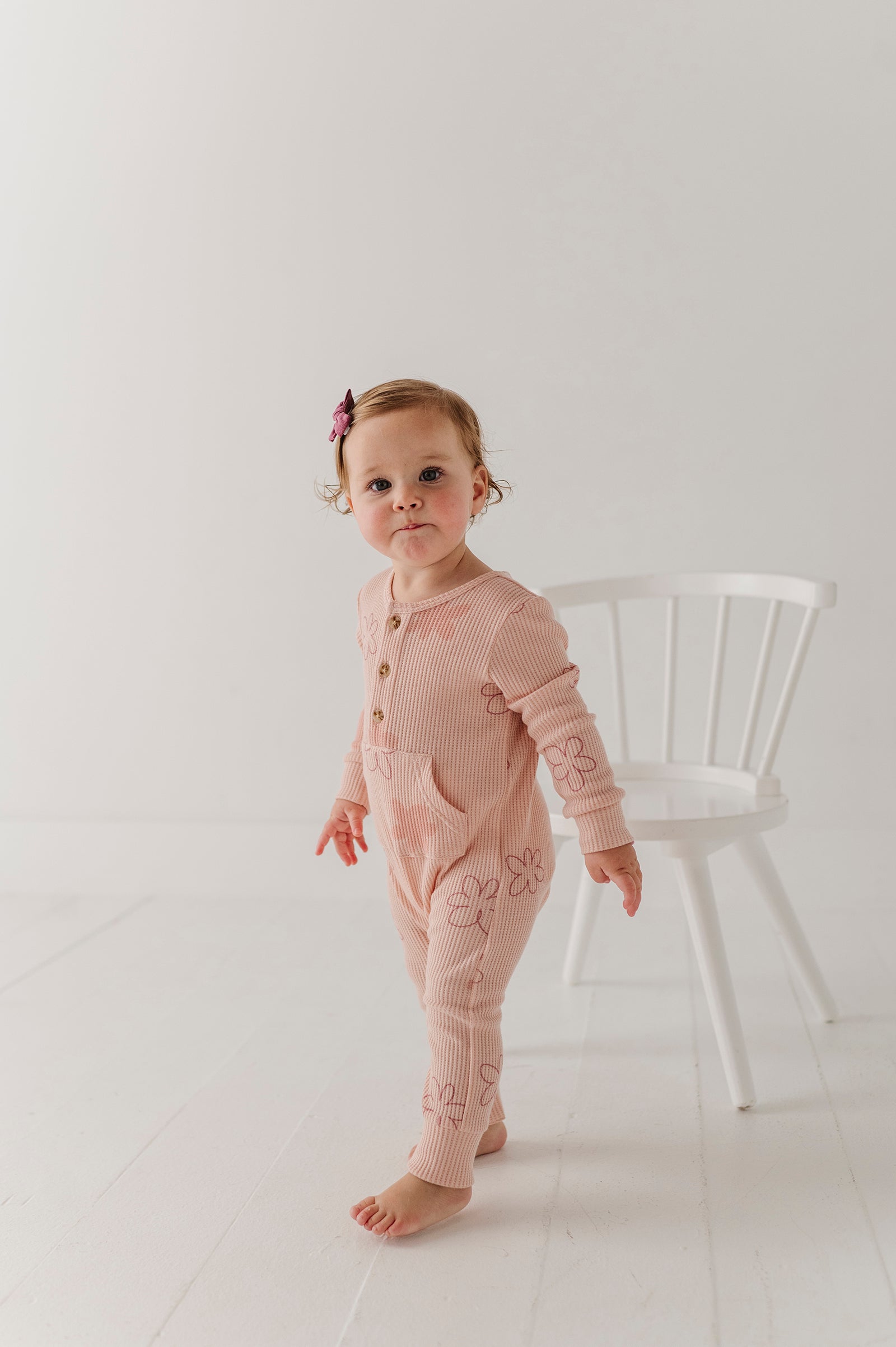 Girls Waffle Romper In Daisy Doodle