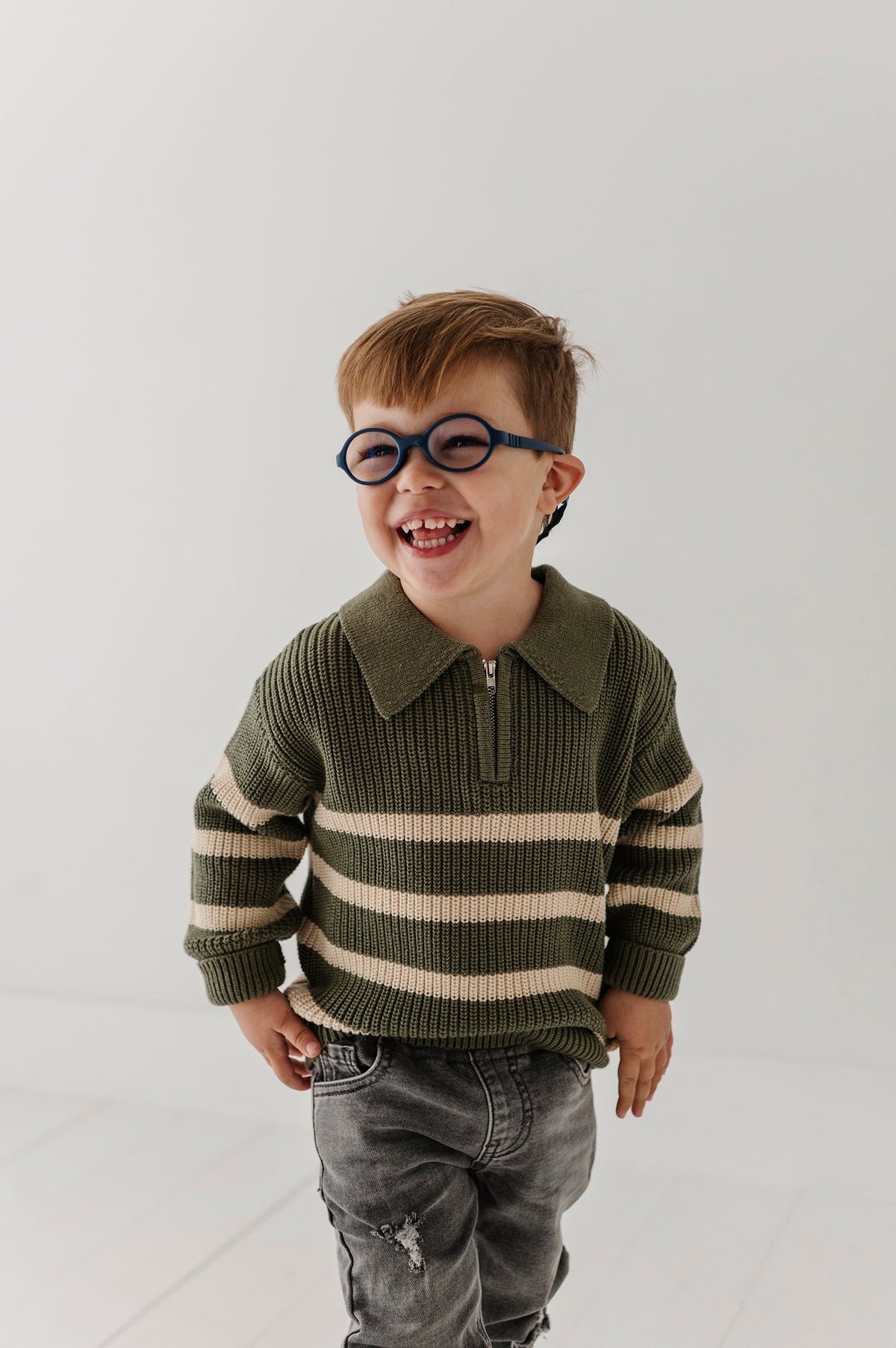 Boys Striped Zip Up Sweater In Woodland Moss Stripe