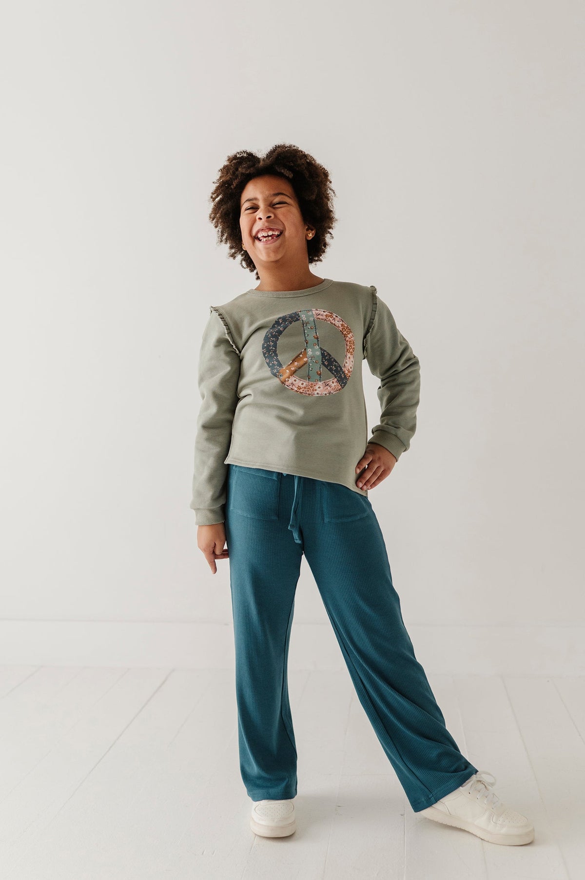 Girls Raw Edge Sweatshirt In Patchwork Peace Sign