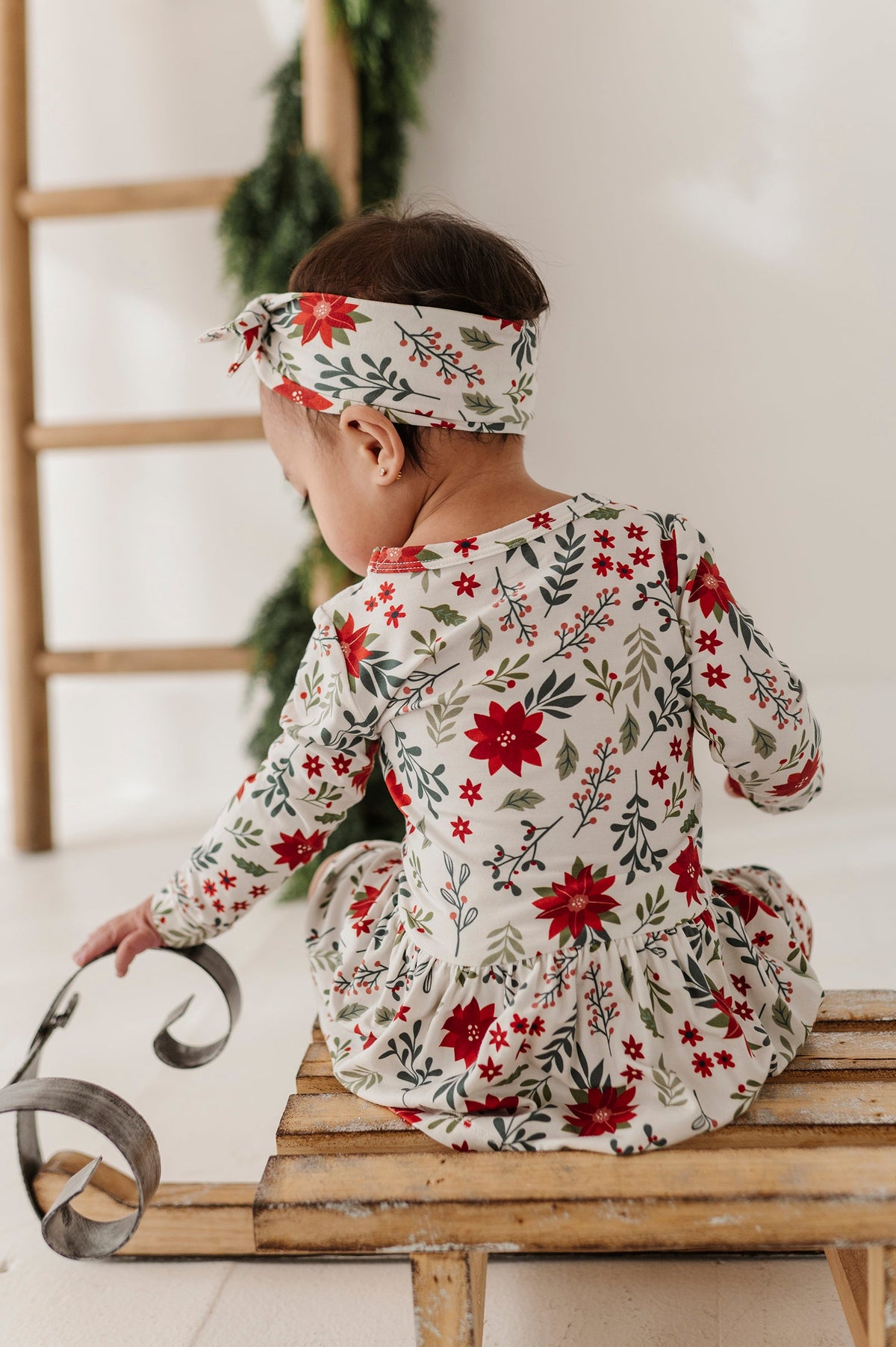 Baby Girl Long Sleeve Bodysuit Dress Set In Poinsettia