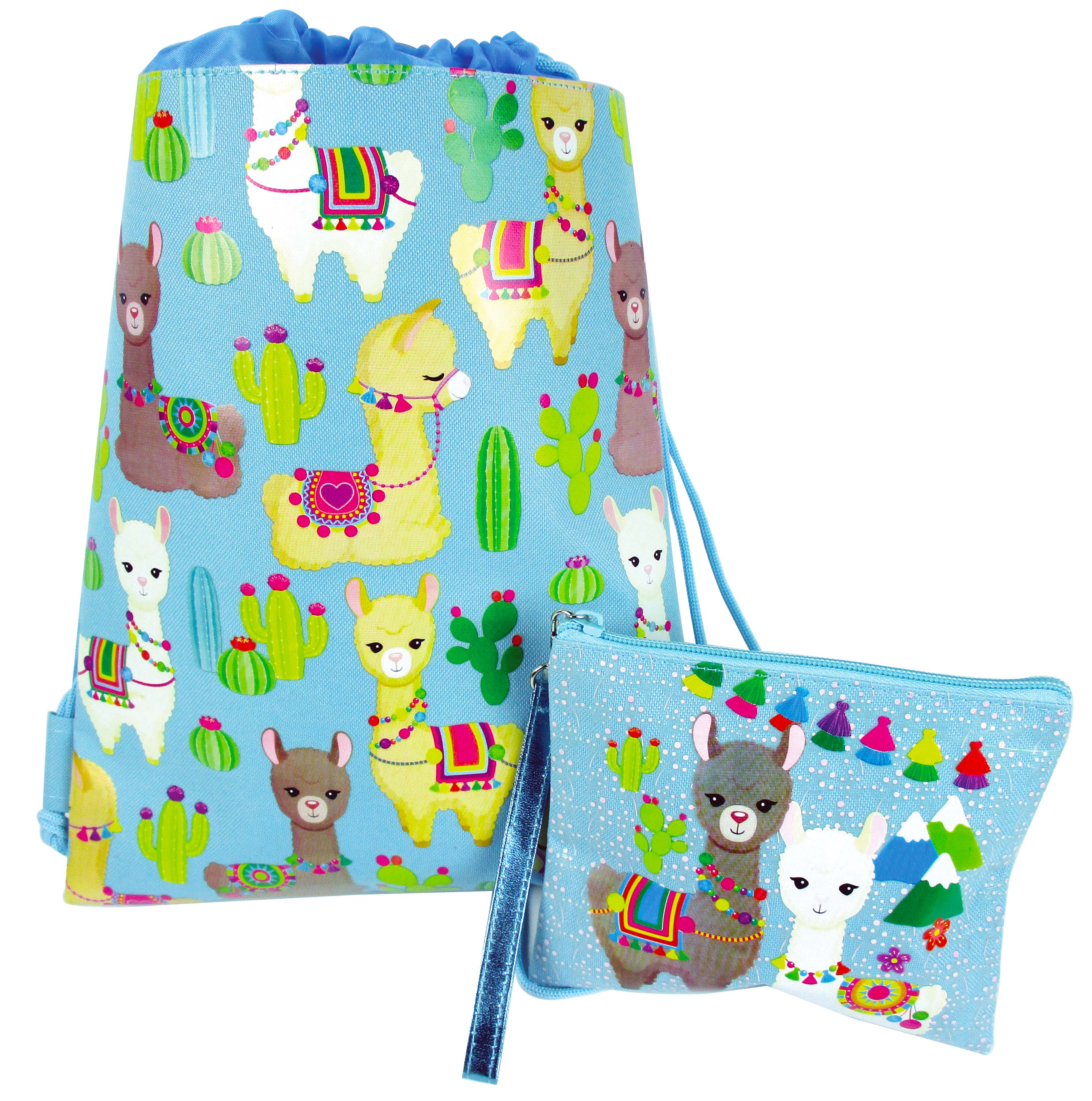 Llamas Drawstring Backpack With Wristlet 2 Piece Set Travel Gym Cheer (blue)