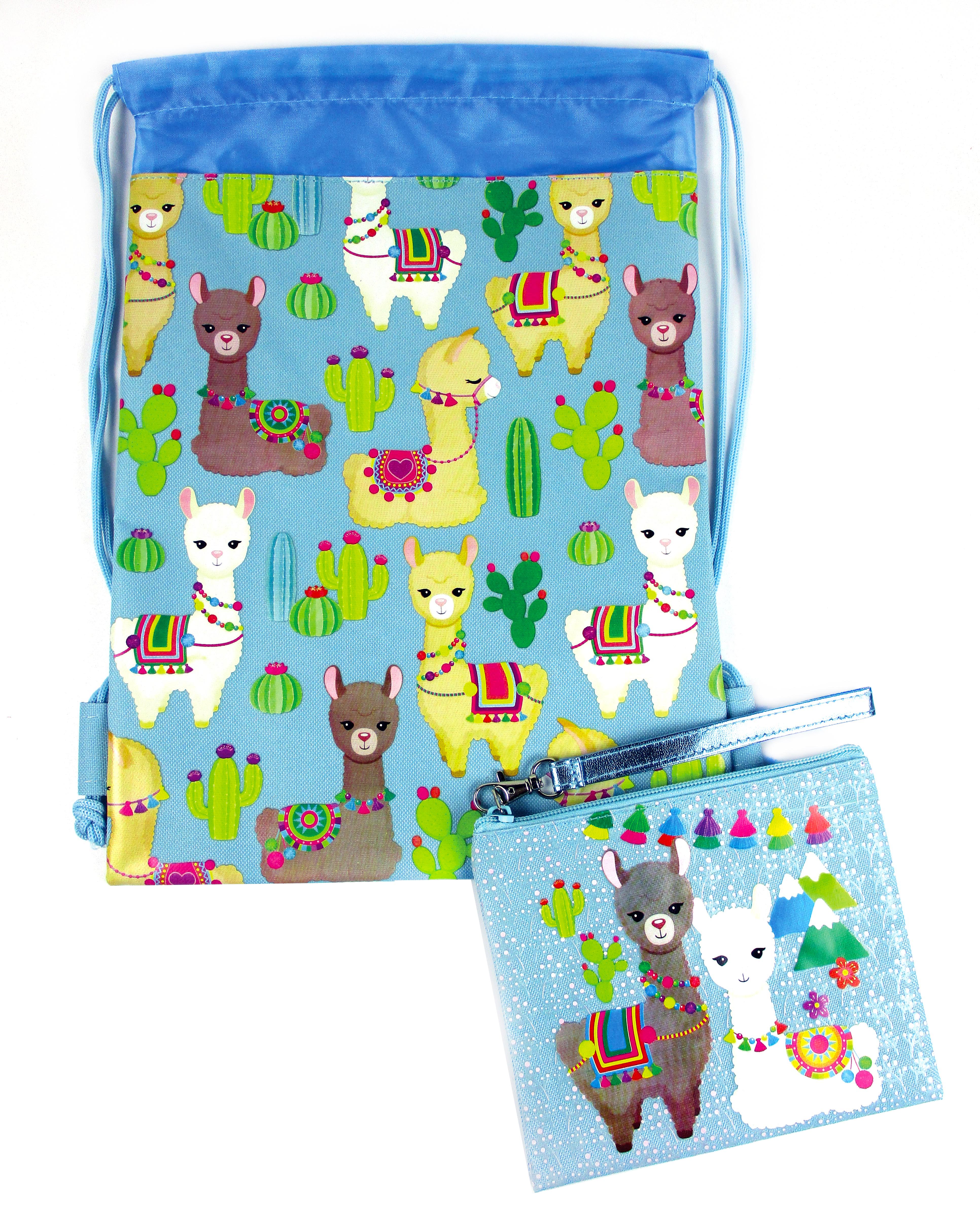 Llamas Drawstring Backpack With Wristlet 2 Piece Set Travel Gym Cheer (blue)