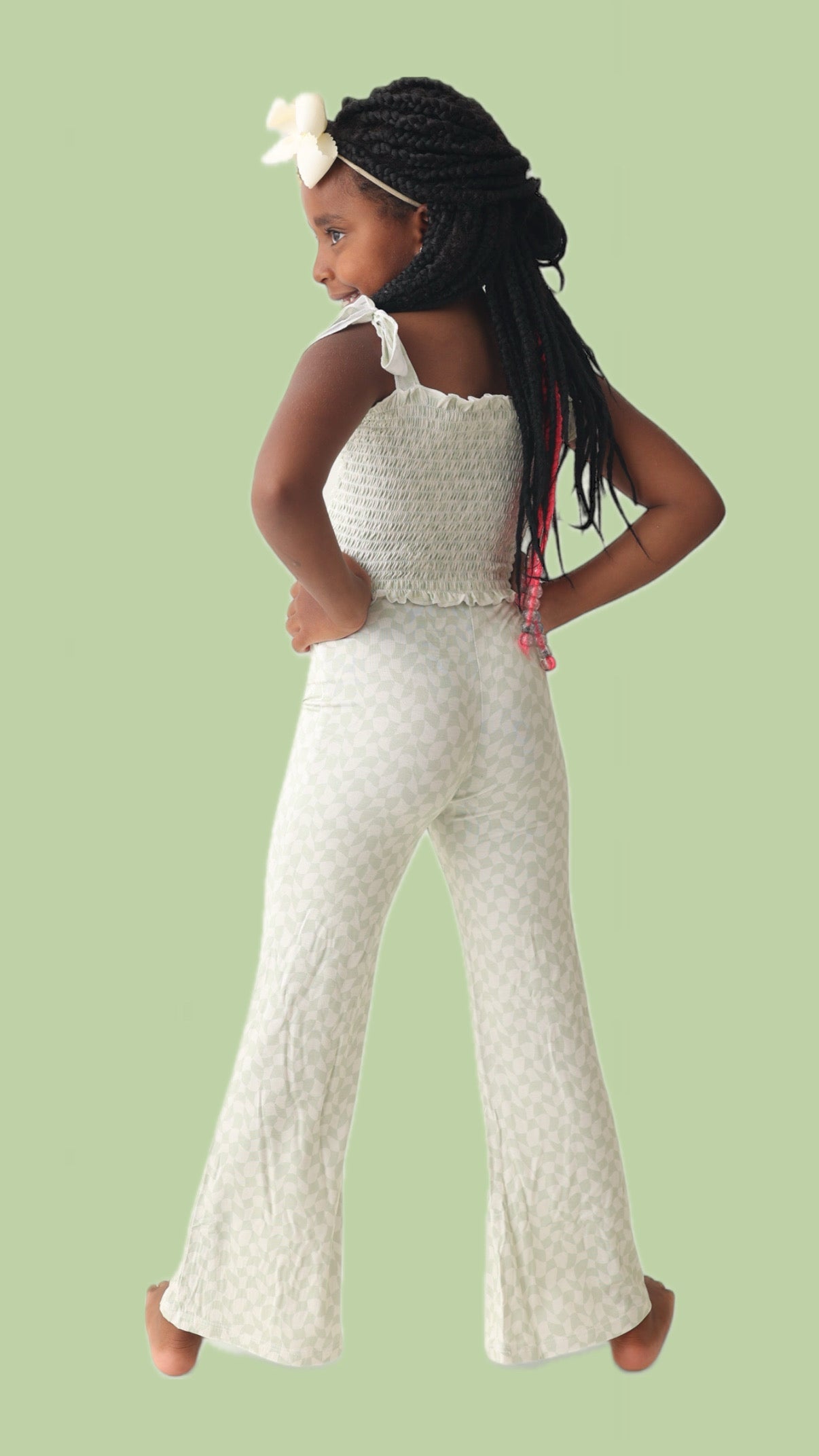 Sage Wavy Checkers Dream Smocked Flare Set