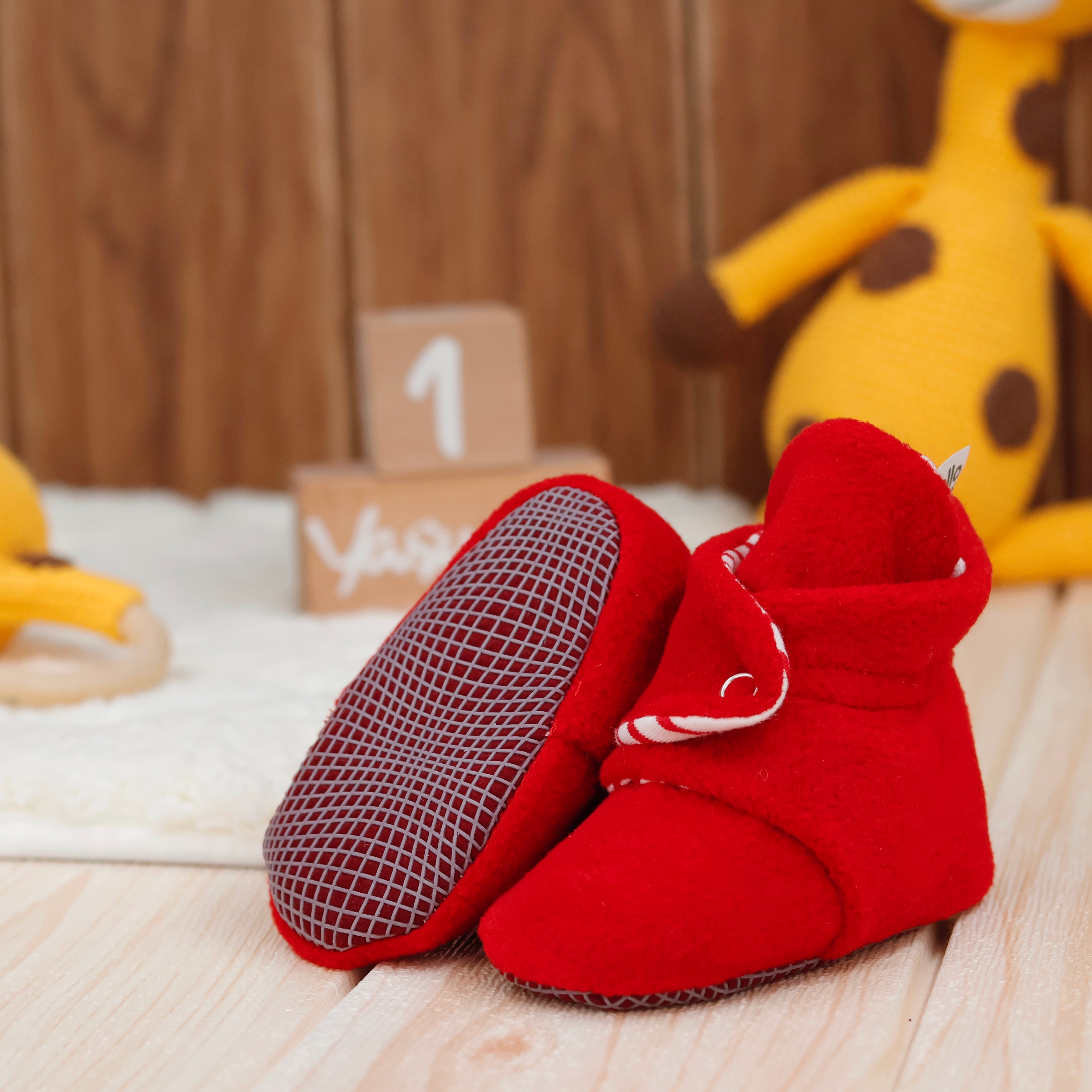 Anti-slip Sole, Fleece Baby Booties, Newborn Home Booties, Sweat Proof Organic Cotton Lining, Red