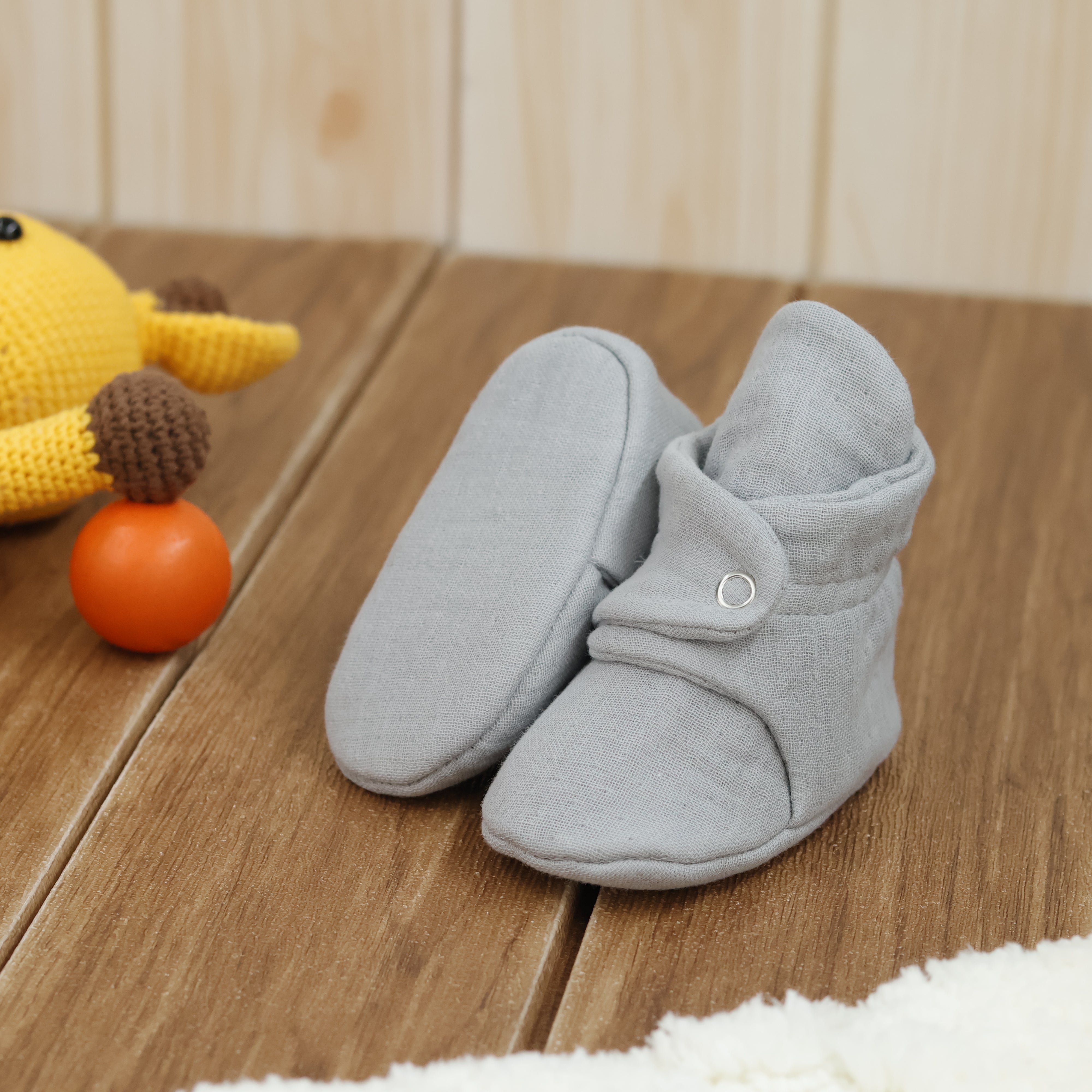 Muslin Stay On Baby Booties Gray